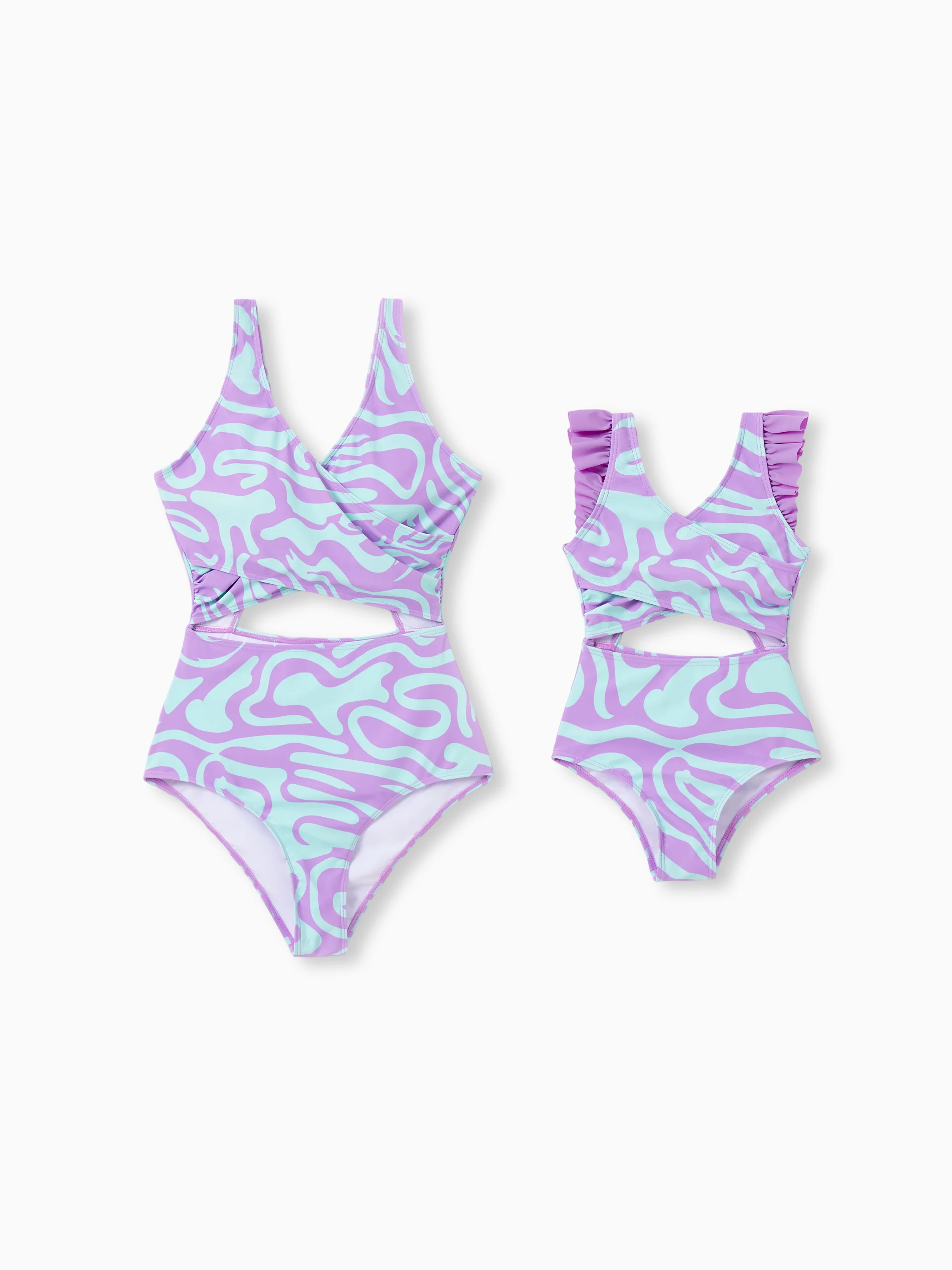 Mommy & me Trendy Purple & Blue Wave Print Midriff Cutout One-Piece Swimsuit Purple