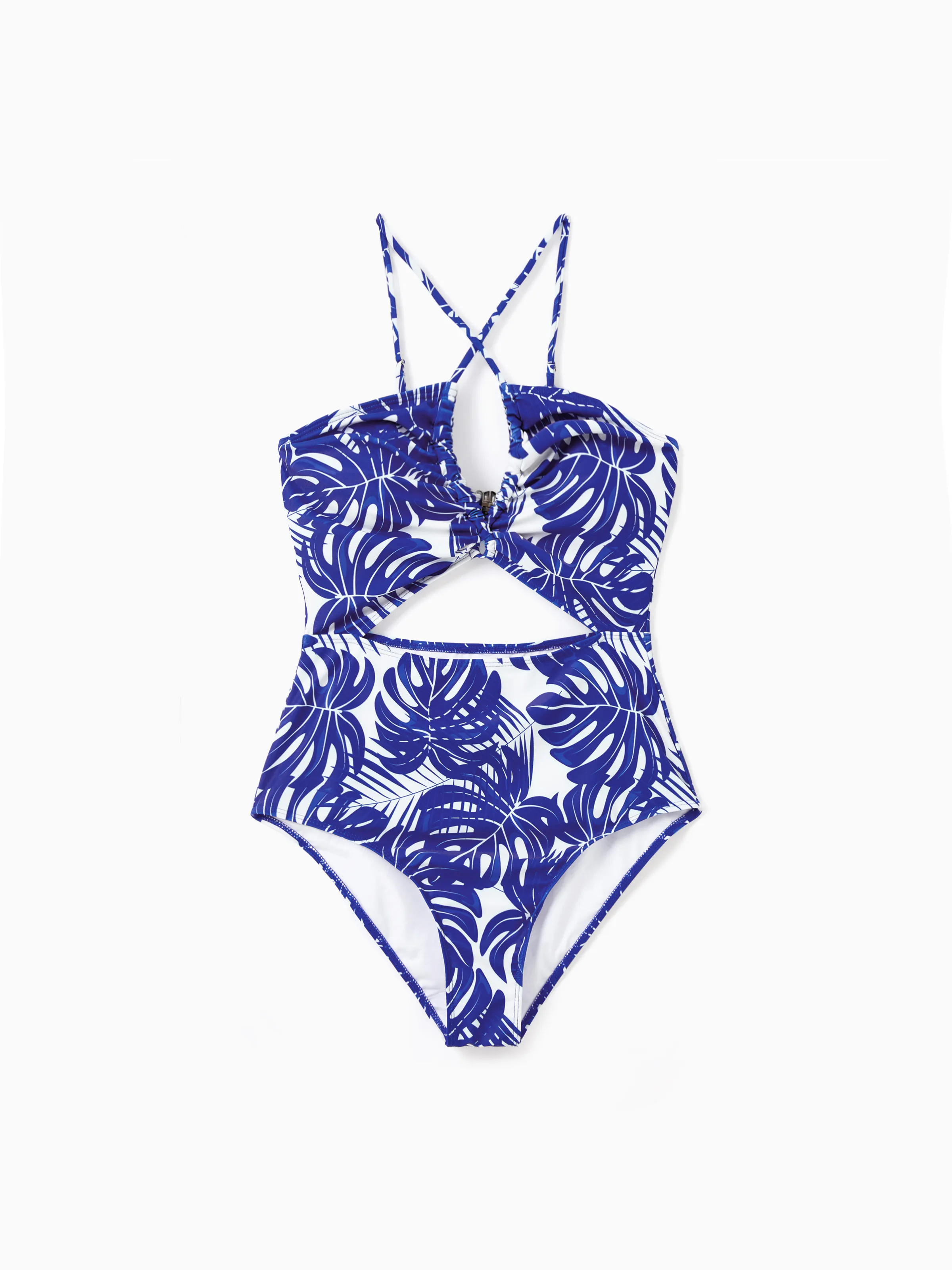 Mommy & me Tropical Leaf Print Hollow-out  Crisscross Straps One-piece Swimsuit Blue - Image 3