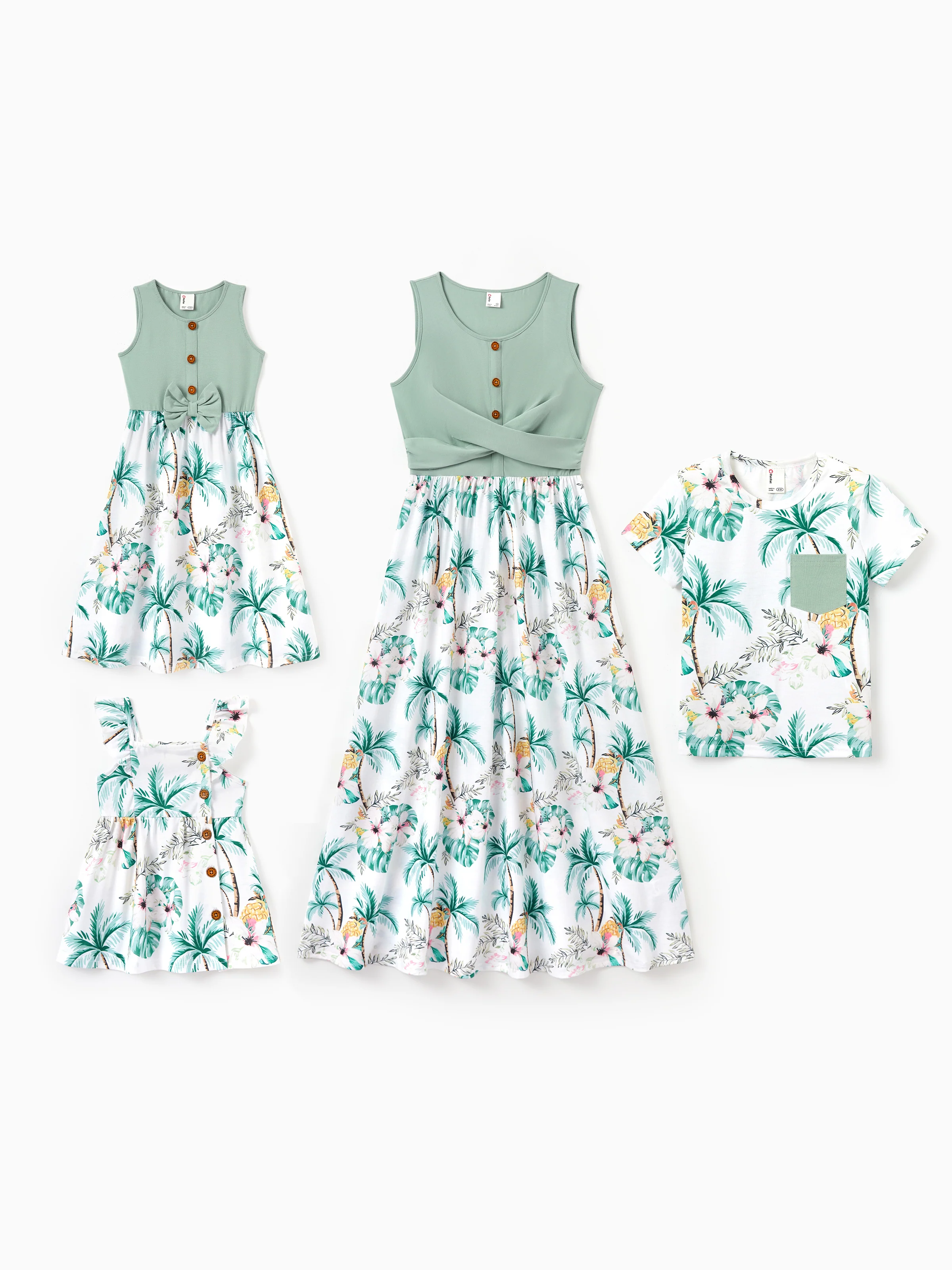 Mommy & me Tropical Print Outfits Mommy & Me Tank Dress & Kids Cotton T-Shirt Set Green