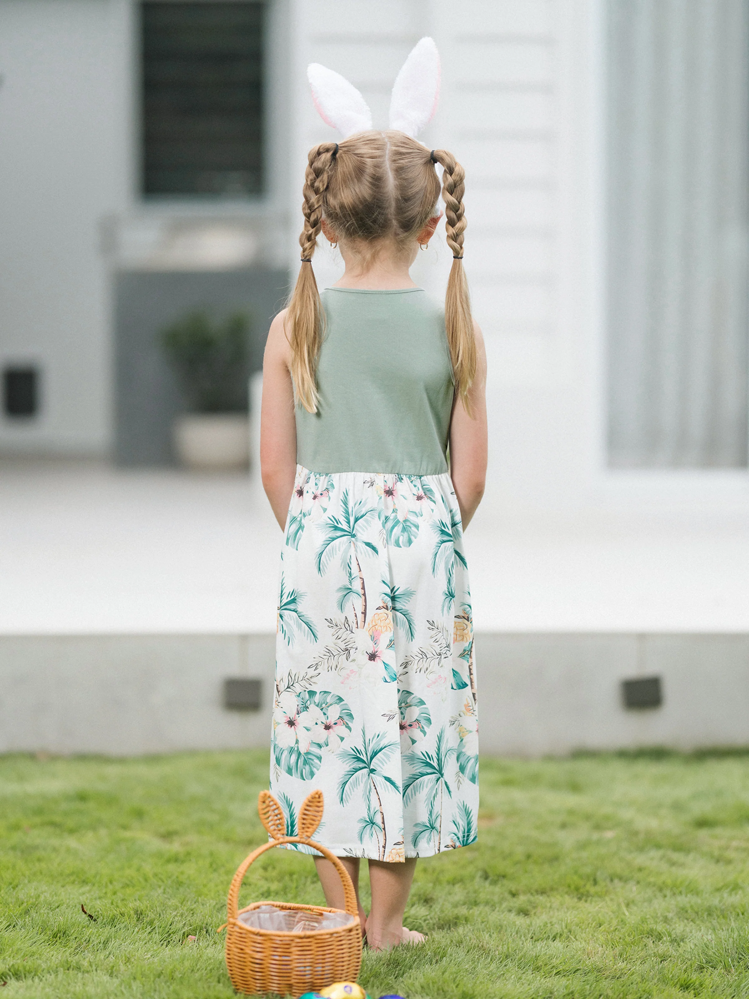 Toddler/Kid Girl Tropical Print Tank Bowknot Dress Green - Image 3