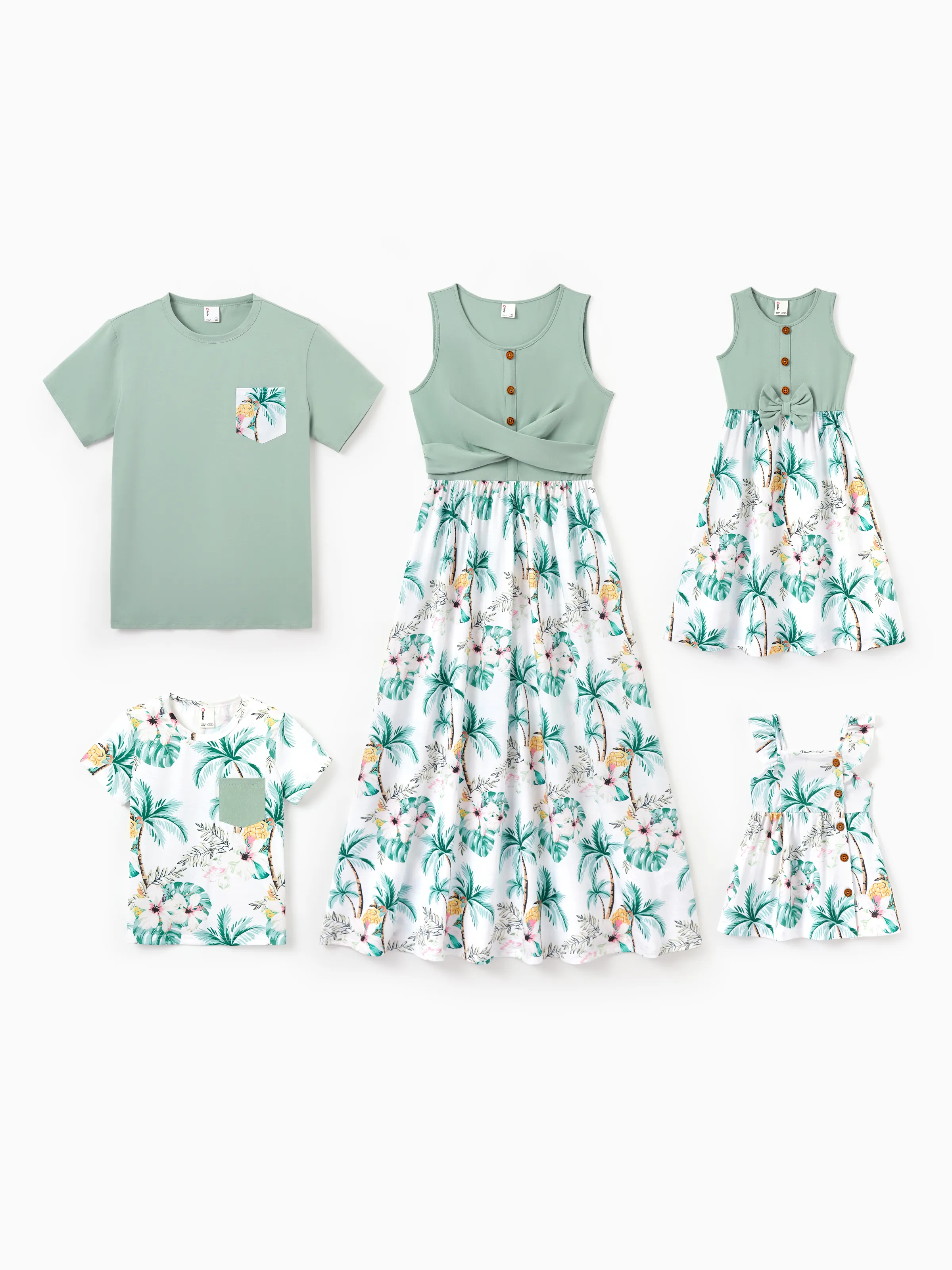 Mommy & me Tropical Print Outfits Mommy & Me Tank Dress & Kids Cotton T-Shirt Set Green - Image 3