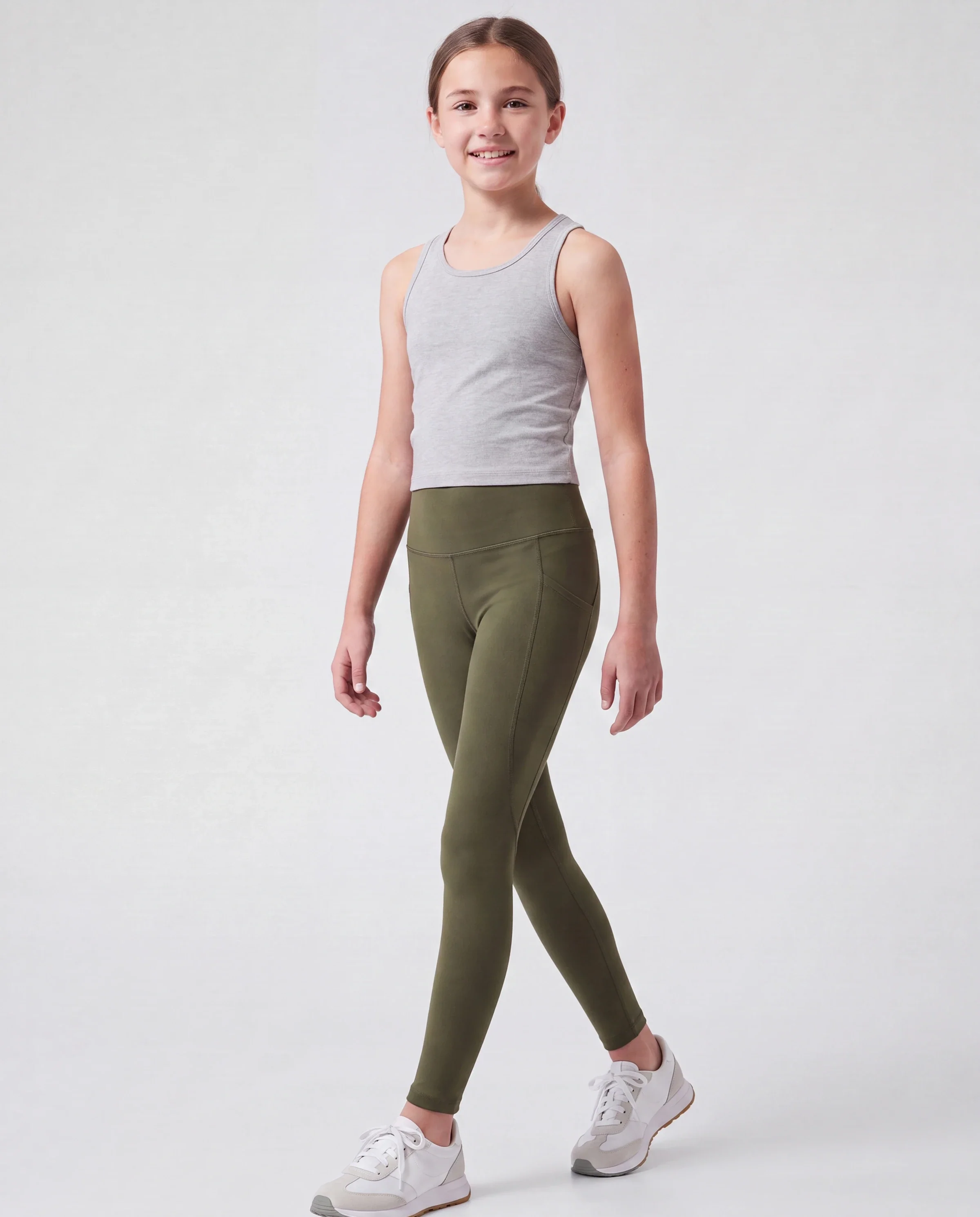 Girl's Leggings High-Waist Yoga Pants Solid Color Leggings with Complimentary Matching Scrunchie Army green - Image 3