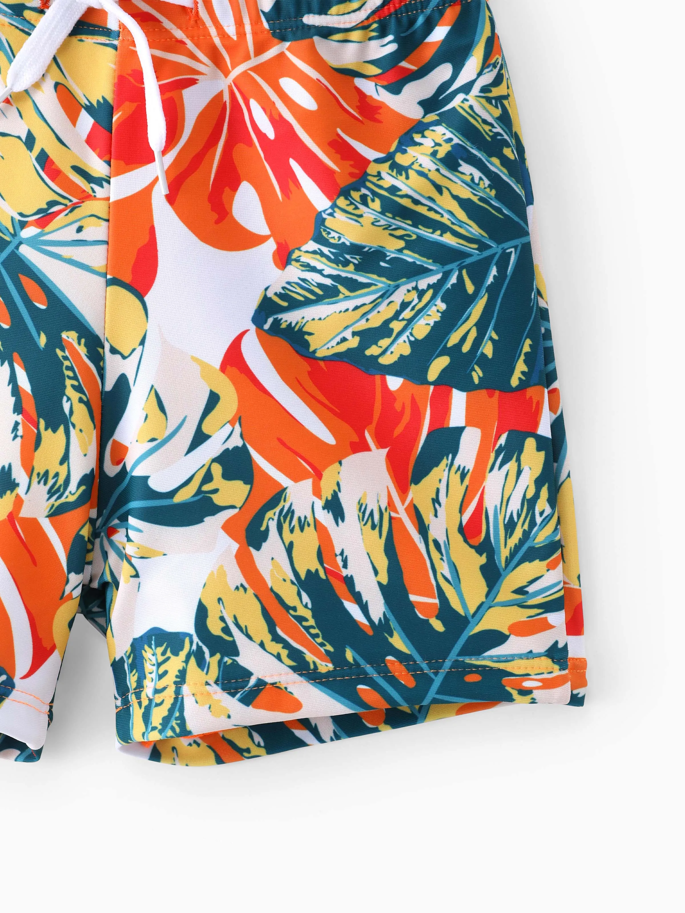 Toddler Boy Orange and All Over Tropical Plant Print Splicing Ruffle Swim Trunks Shorts Orange color - Image 4