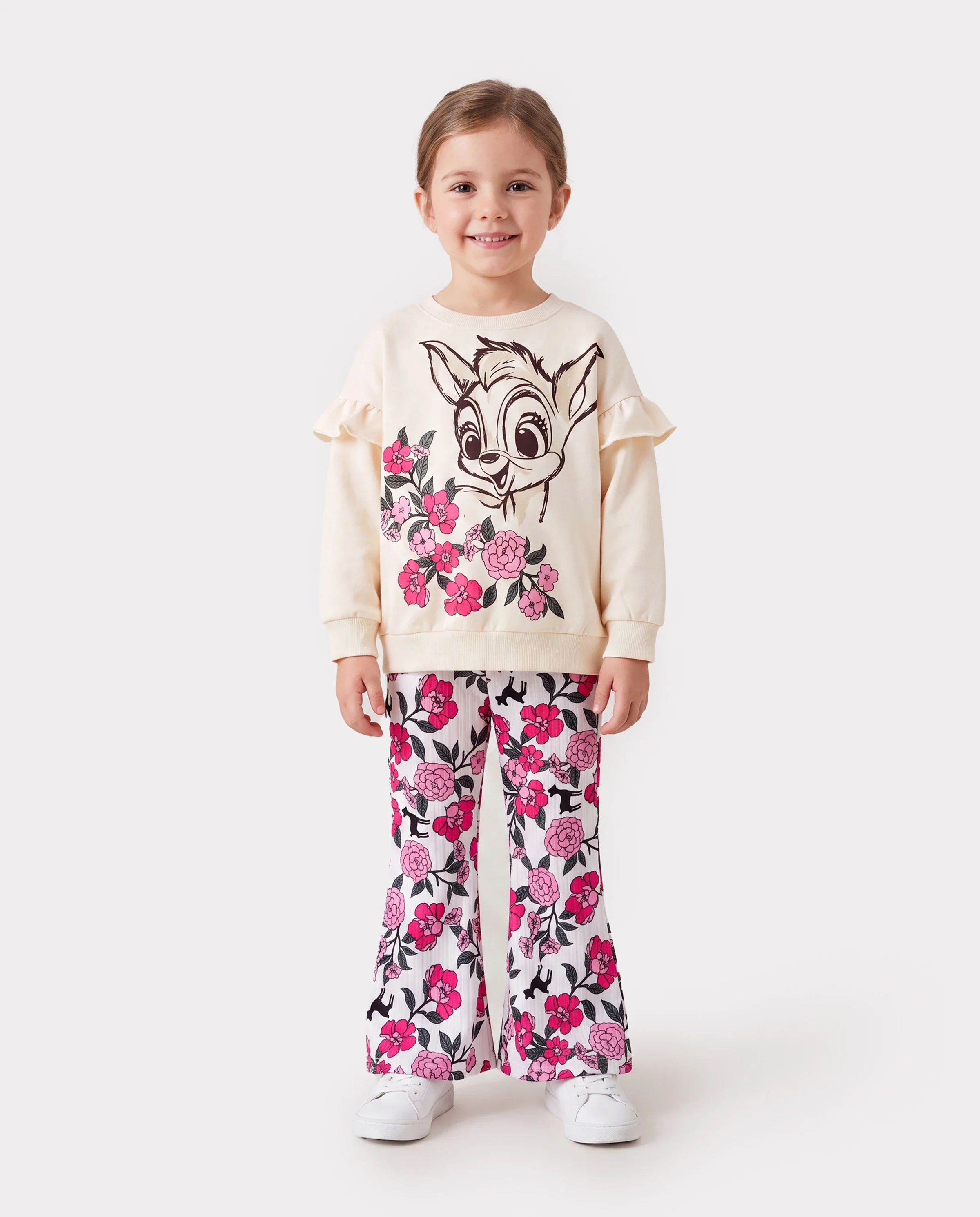 Toddler Girl 2pcs Dear Ruffled Sweatshirt and Floral Flared Pants Set Color block