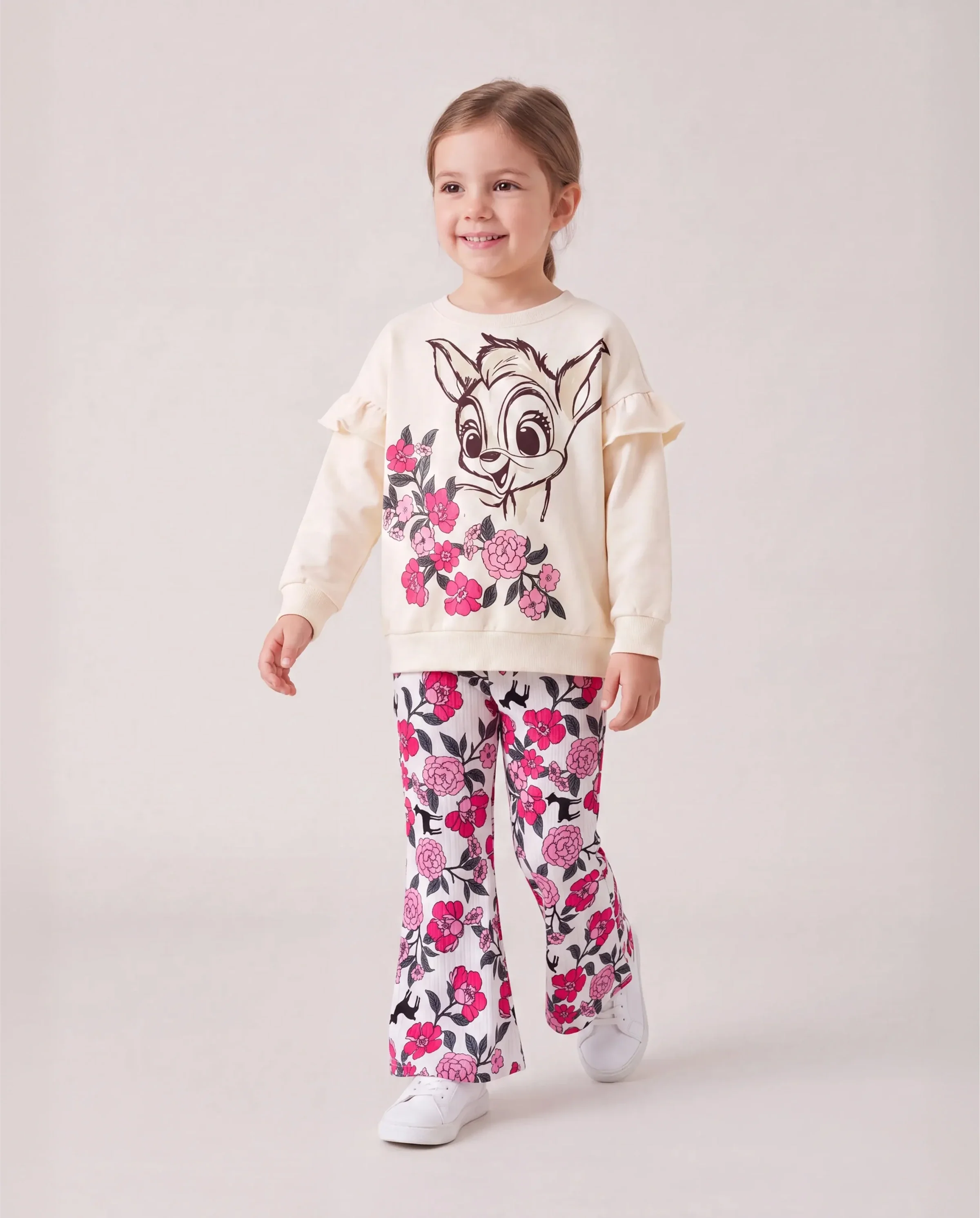 Toddler Girl 2pcs Dear Ruffled Sweatshirt and Floral Flared Pants Set Color block - Image 2