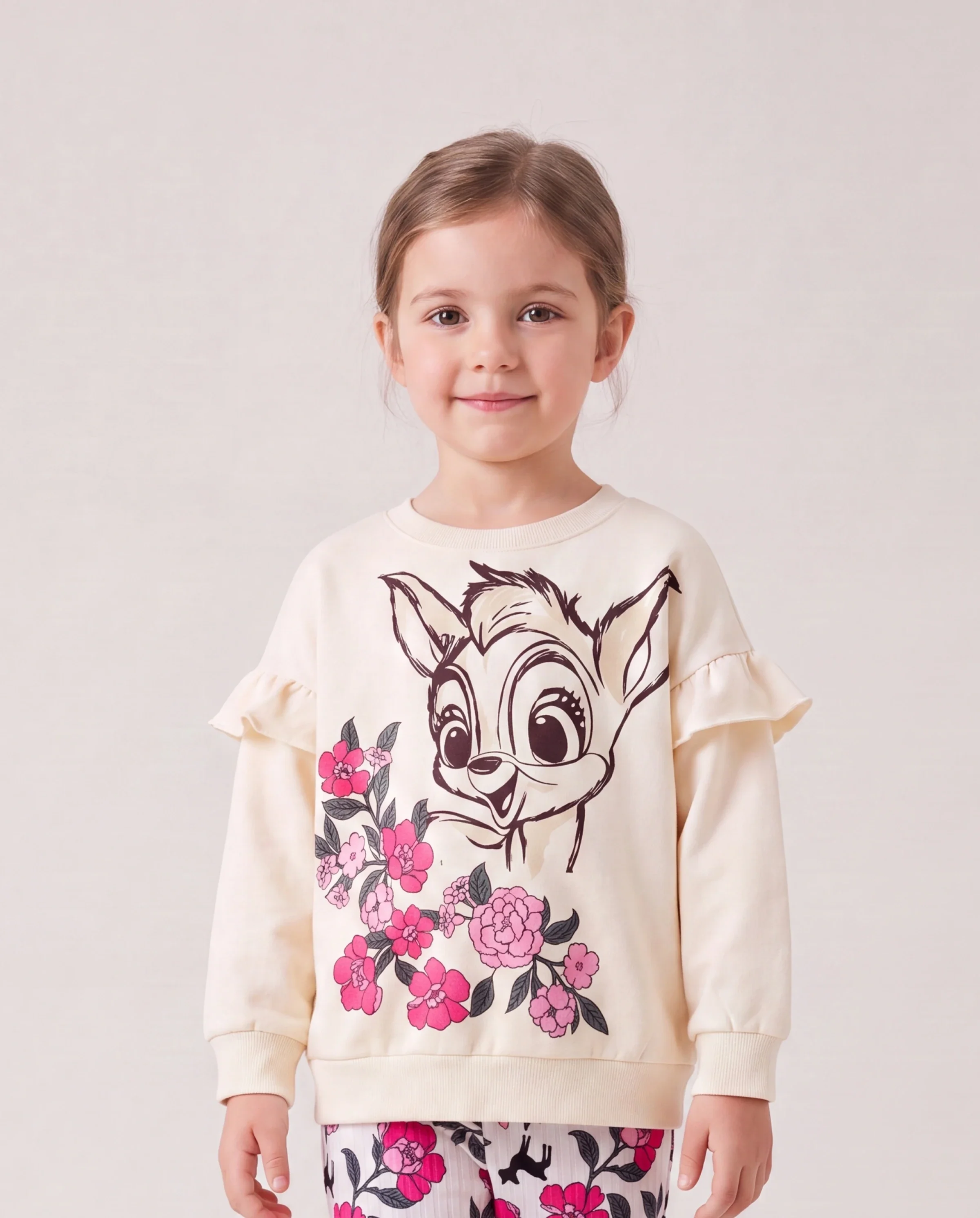 Toddler Girl 2pcs Dear Ruffled Sweatshirt and Floral Flared Pants Set Color block - Image 3