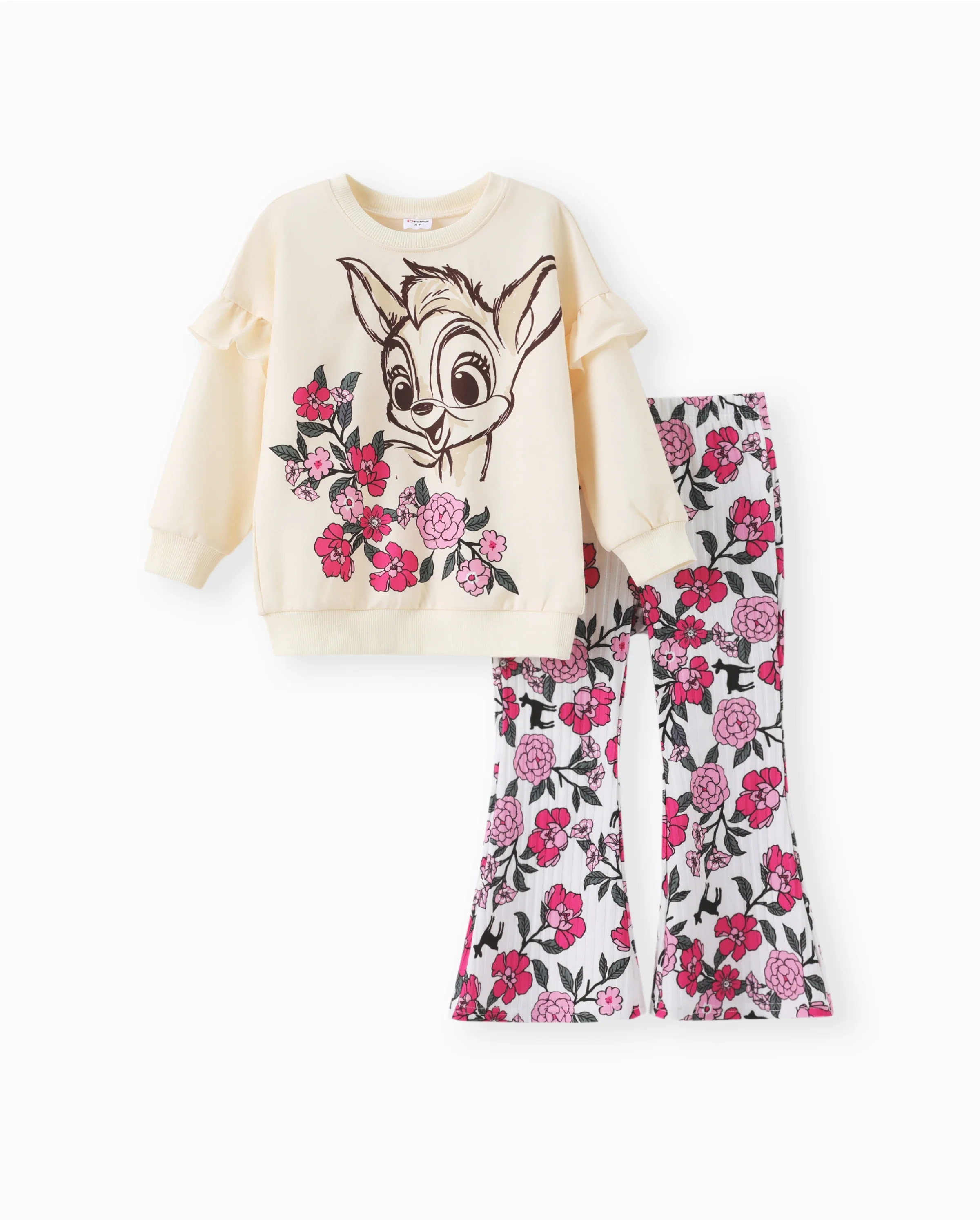 Toddler Girl 2pcs Dear Ruffled Sweatshirt and Floral Flared Pants Set Color block - Image 7