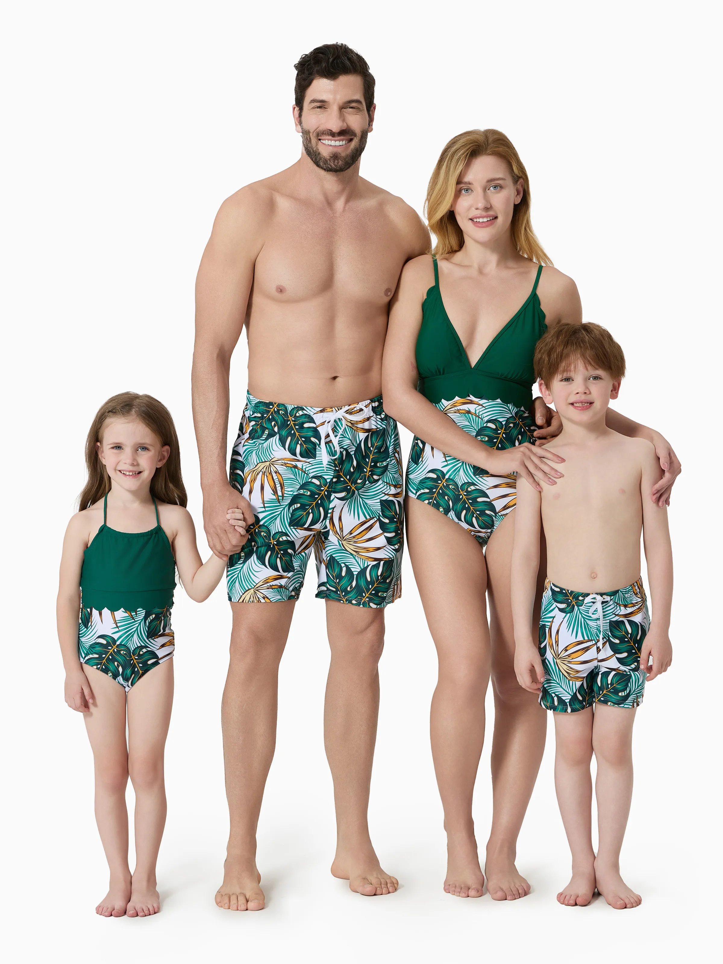 Toddler Girl Allover Plants Print Spaghetti Strap Splicing One-Piece Swimsuit Dark Green - Image 2