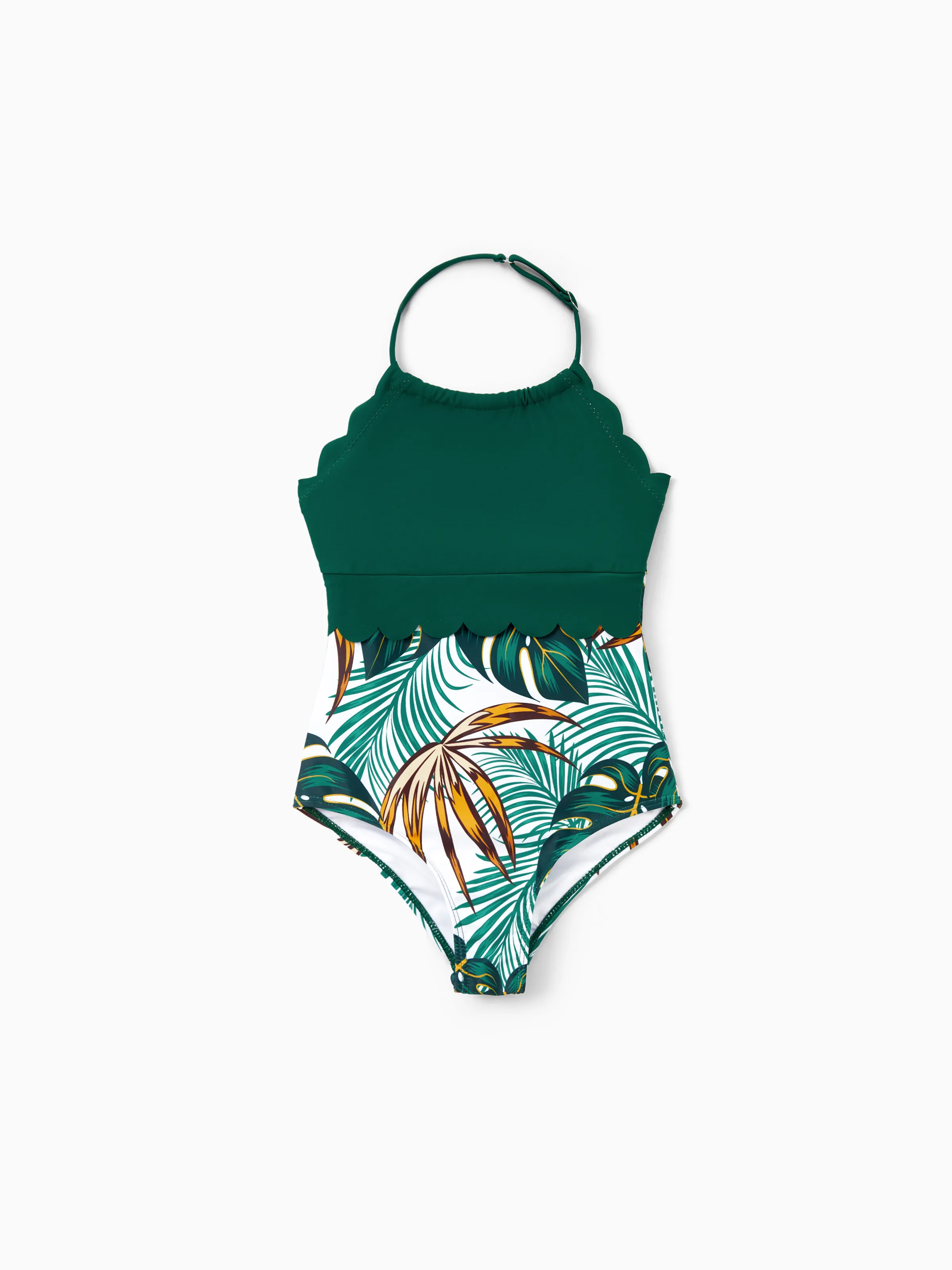 Toddler Girl Allover Plants Print Spaghetti Strap Splicing One-Piece Swimsuit Dark Green - Image 4