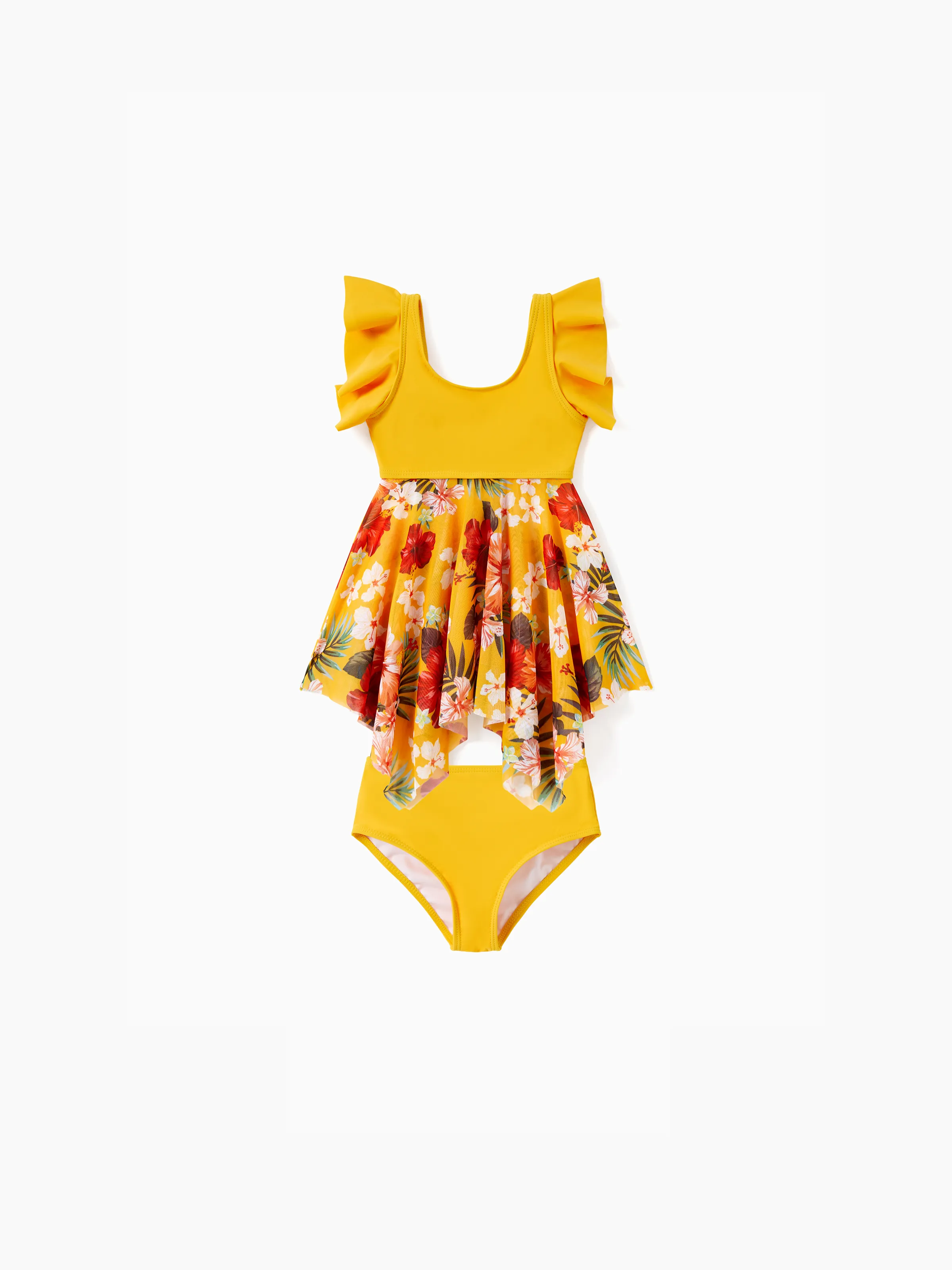 Toddler Girl Floral Drawstring Flowy Spliced Mesh Swim Dress with Triangle Swim Bottom Yellow