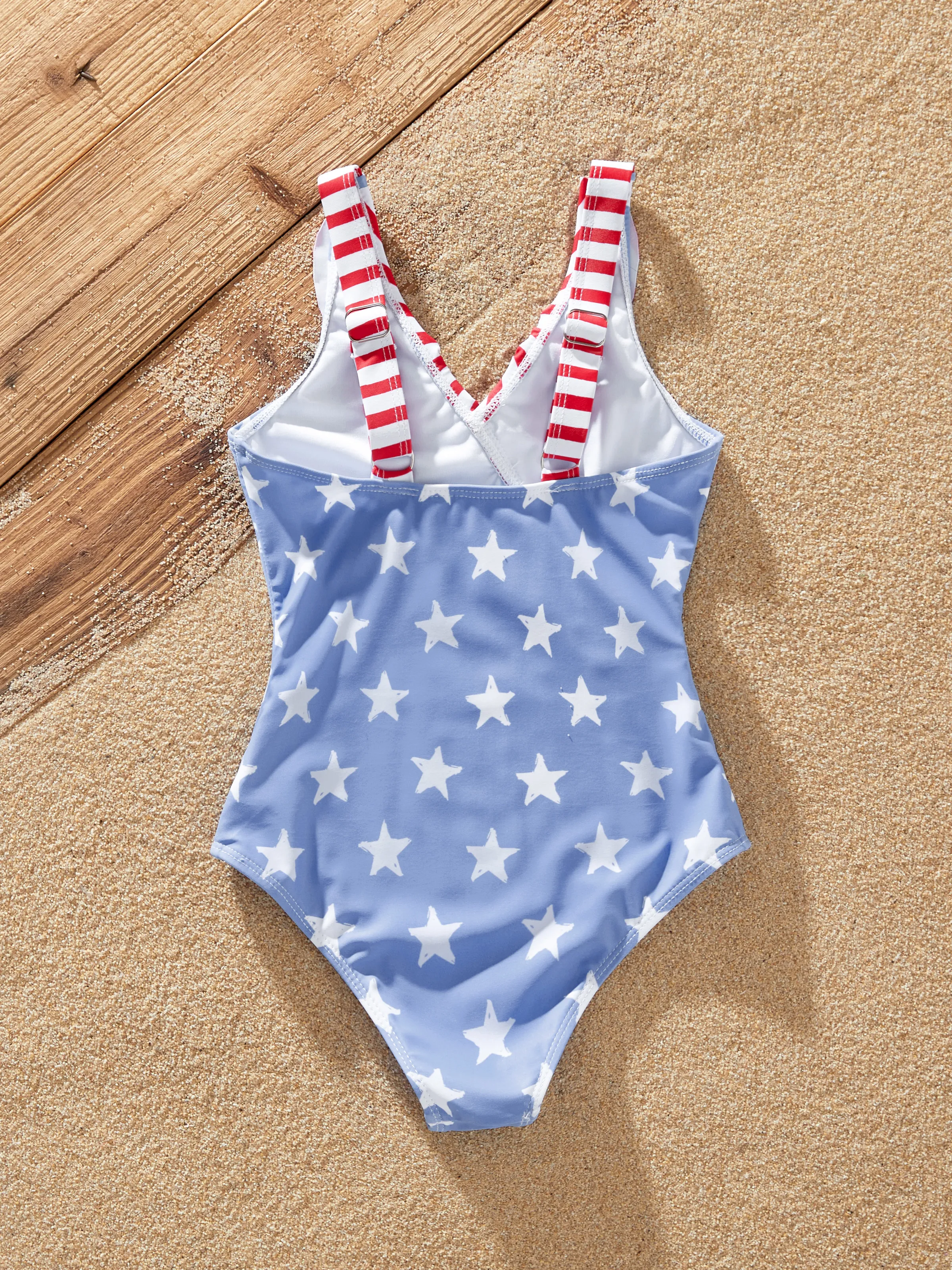 Toddler Girl Independence Day 4th of July Patriotic Swimwear Stars Stripes Ruffled Layers V-neck One-Piece Swimsuits Blue - Image 3