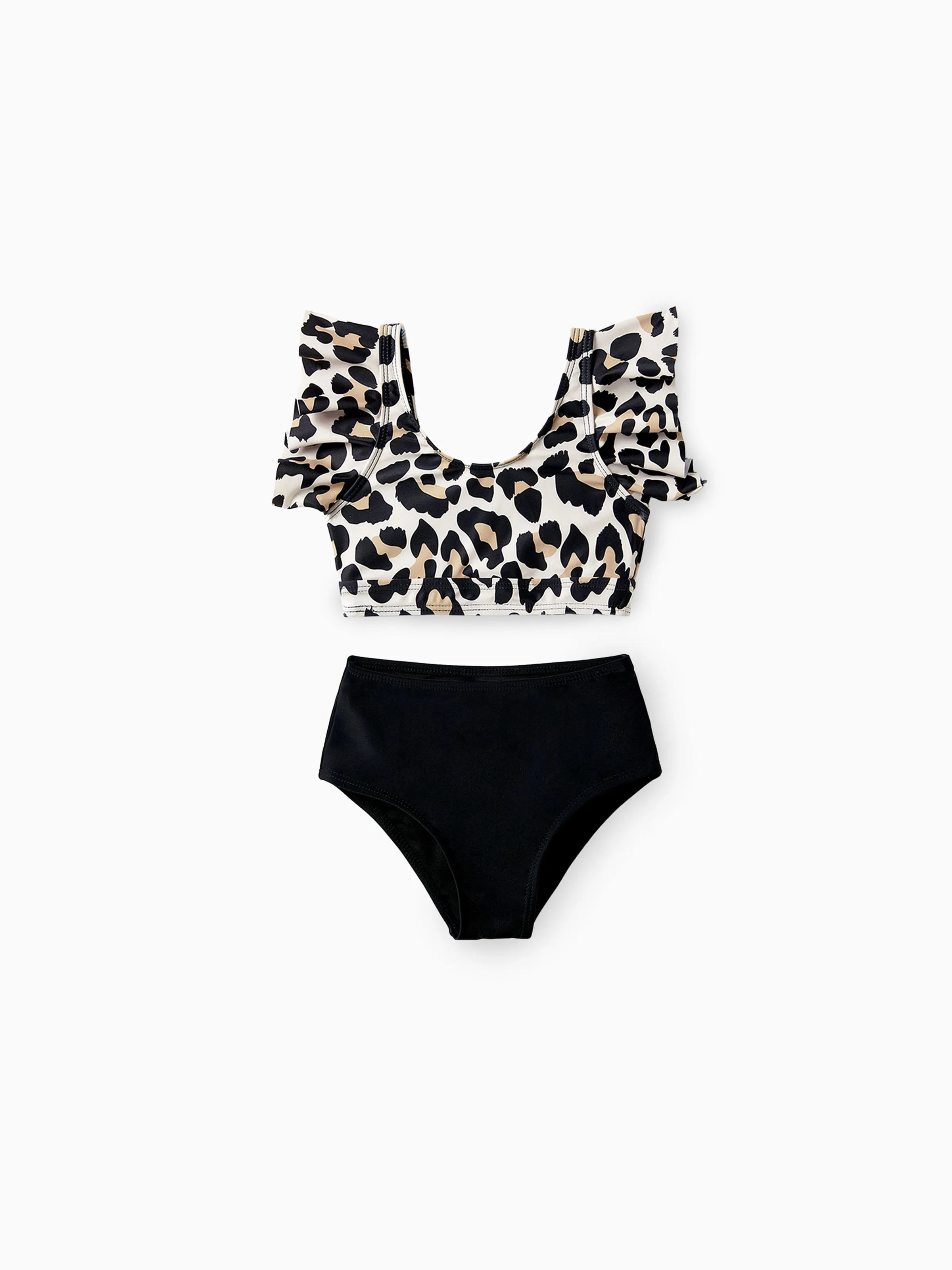 Toddler Girl Leopard Pattern Drawstring Ruffle Neck Two-Piece Bikini Skirt Black