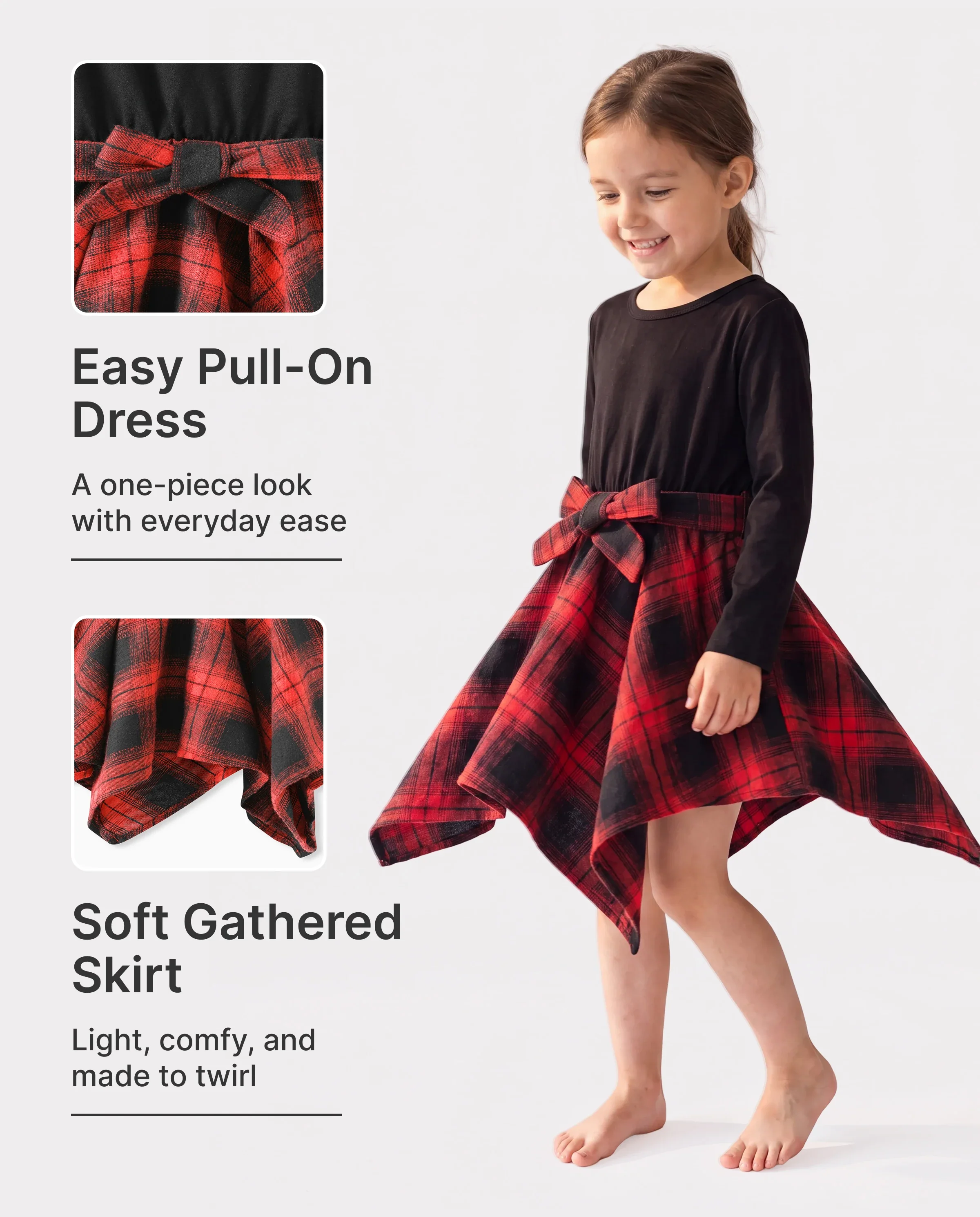 Toddler Girl Plaid Irregular Hem Splice Long-sleeve Dress Black