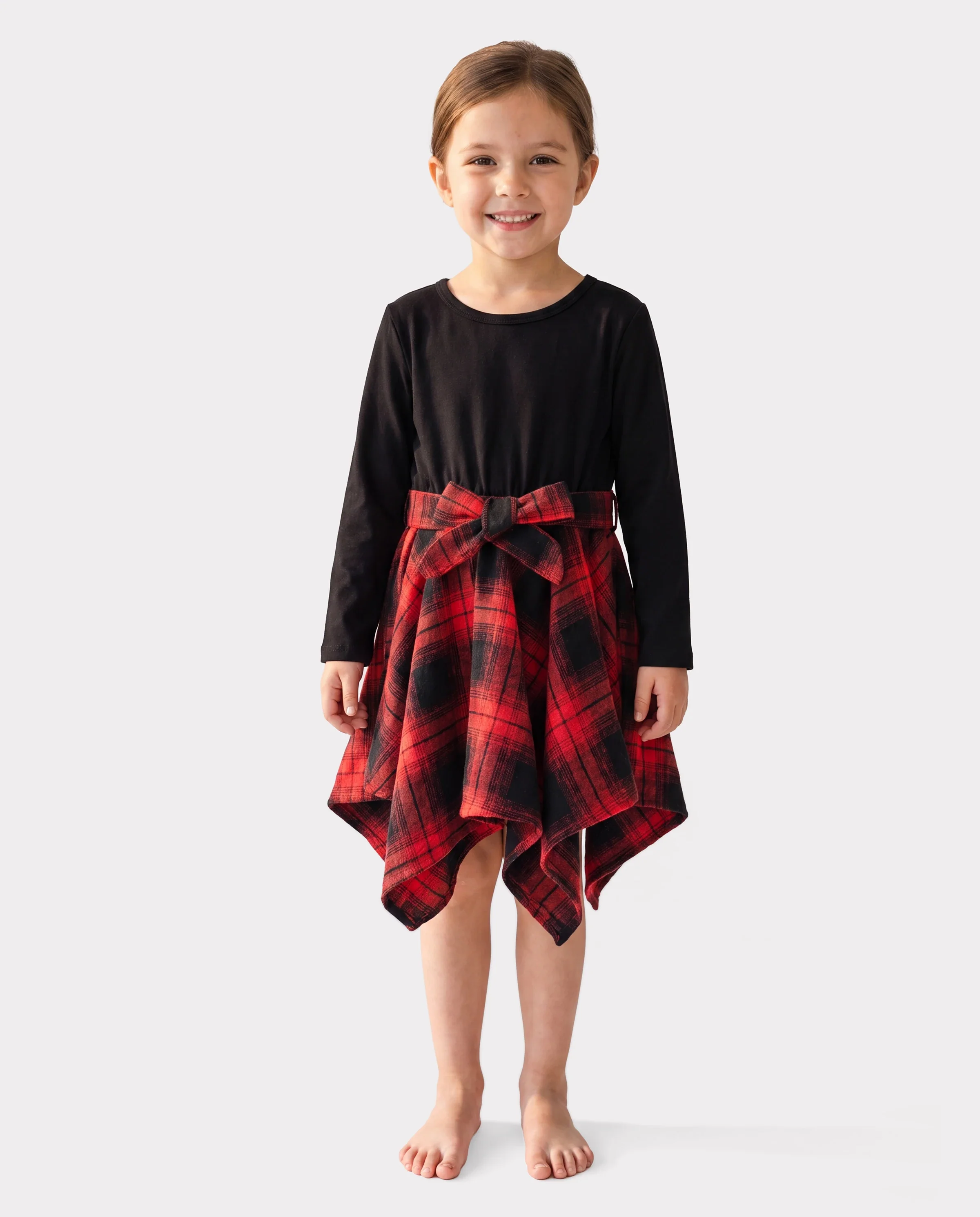 Toddler Girl Plaid Irregular Hem Splice Long-sleeve Dress Black - Image 2