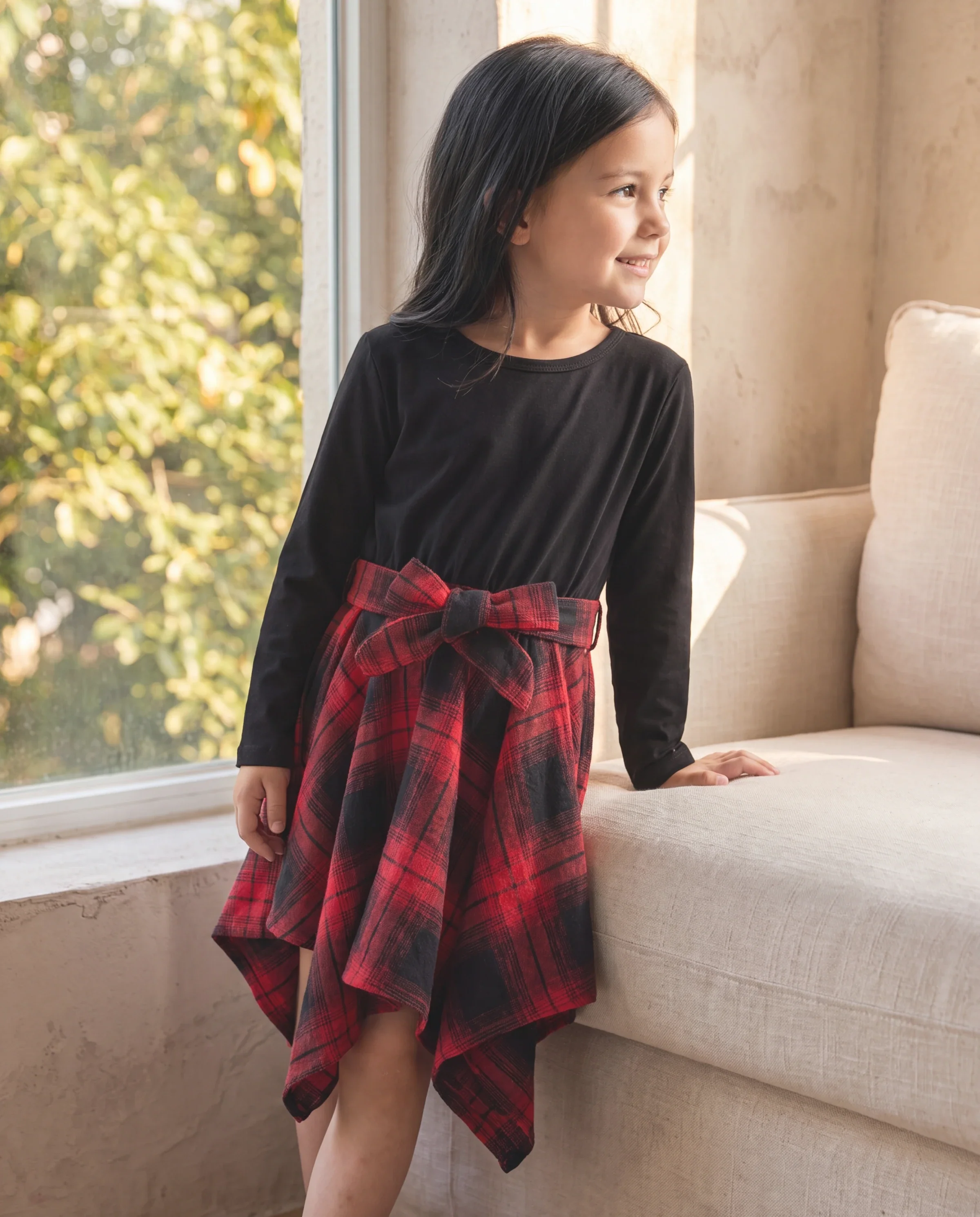 Toddler Girl Plaid Irregular Hem Splice Long-sleeve Dress Black - Image 6