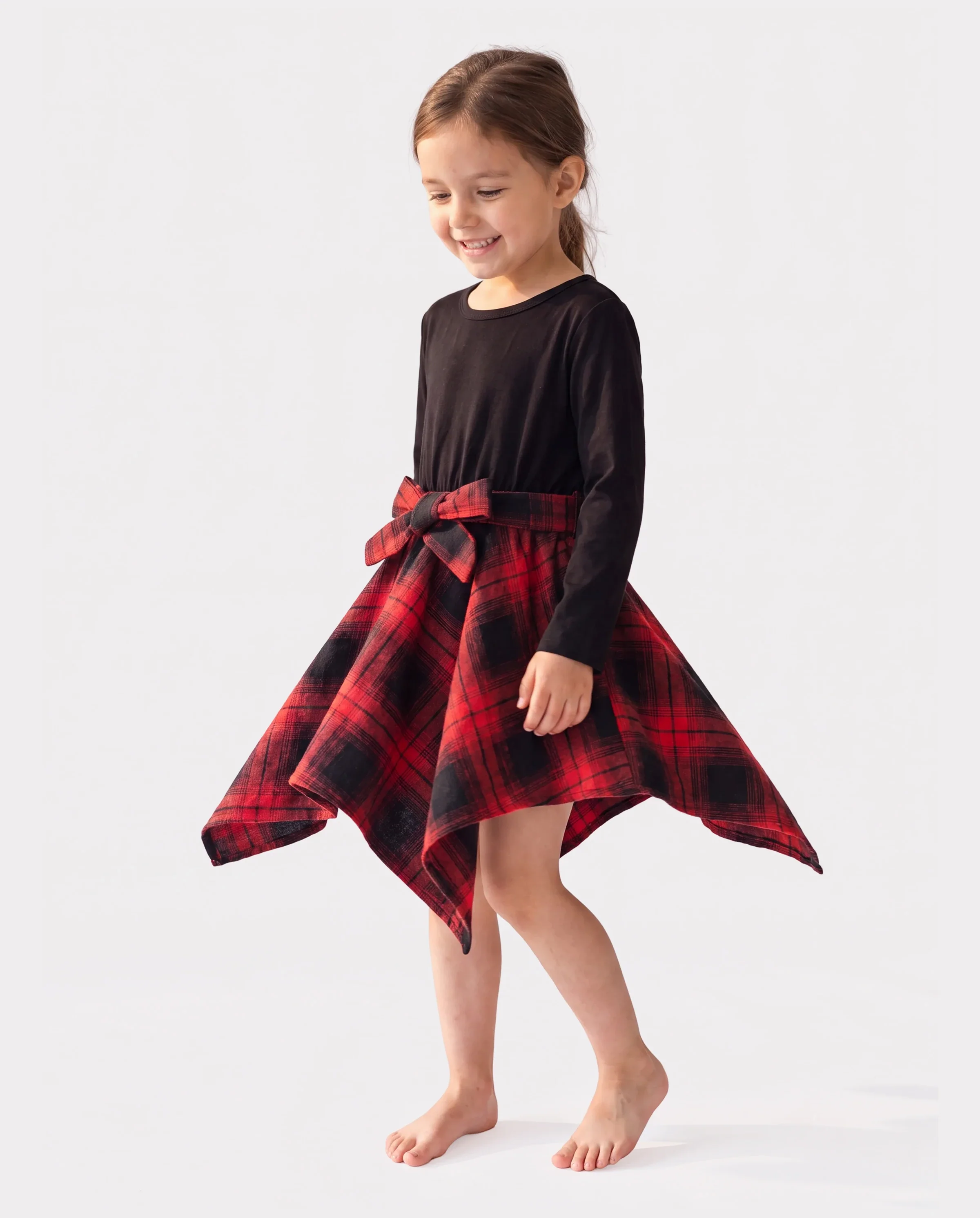 Toddler Girl Plaid Irregular Hem Splice Long-sleeve Dress Black - Image 7