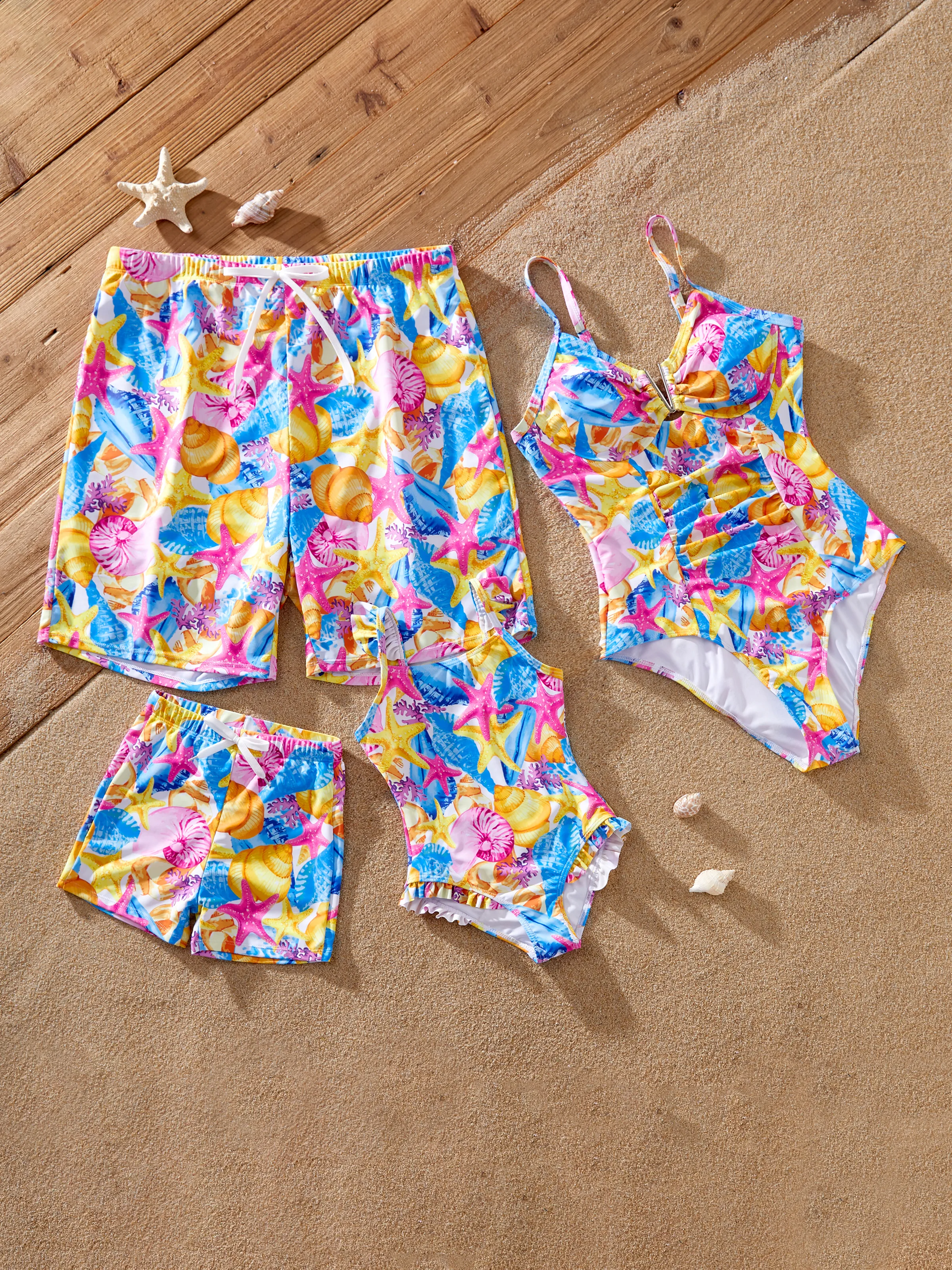 Toddler Girl Seashell & Starfish Print Swimsuits Ruched One-Piece & Swim Trunks Set Multi-color - Image 2