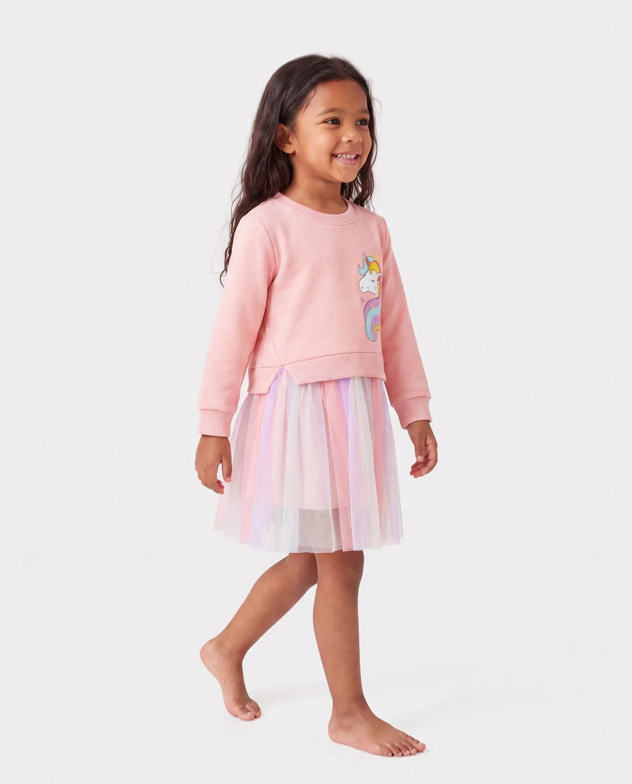 Toddler Girl Sweet Faux-two Unicorn Print Mesh Splice Fairy Dress Pink - Image 3