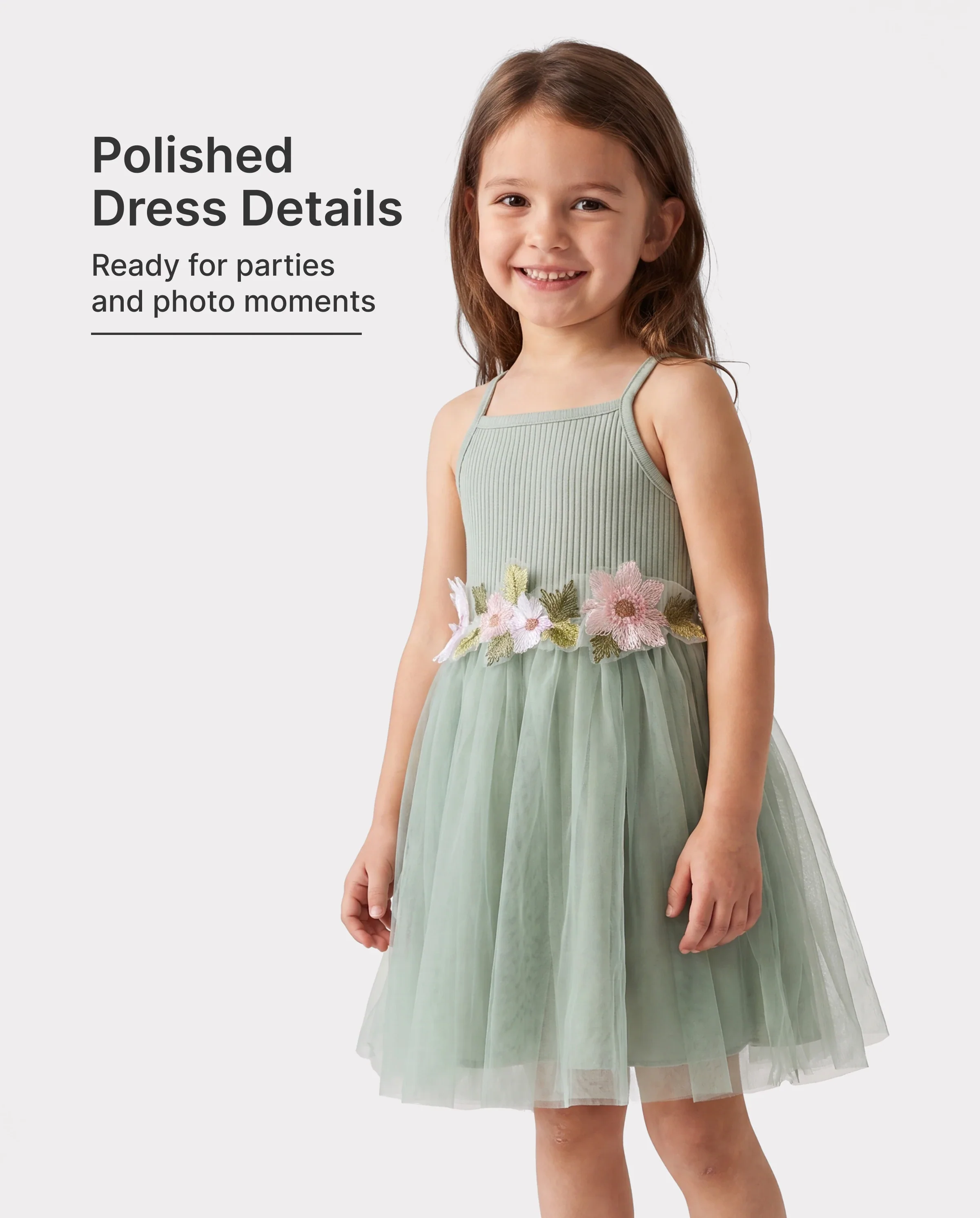 Toddler Girl Sweet Floral Decor Ribbed Panel Mesh Overlay Fairy Dress Green - Image 2