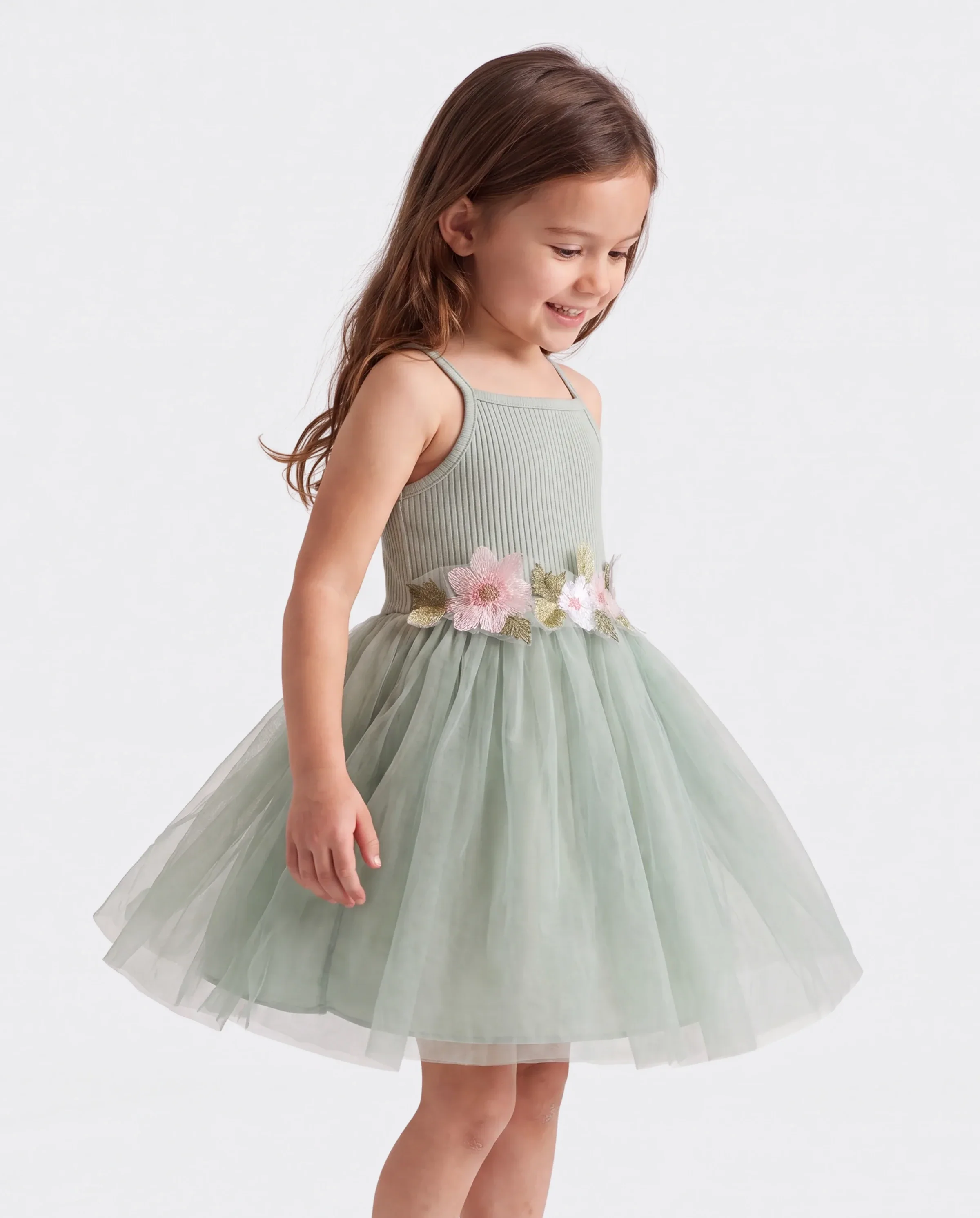 Toddler Girl Sweet Floral Decor Ribbed Panel Mesh Overlay Fairy Dress Green - Image 3