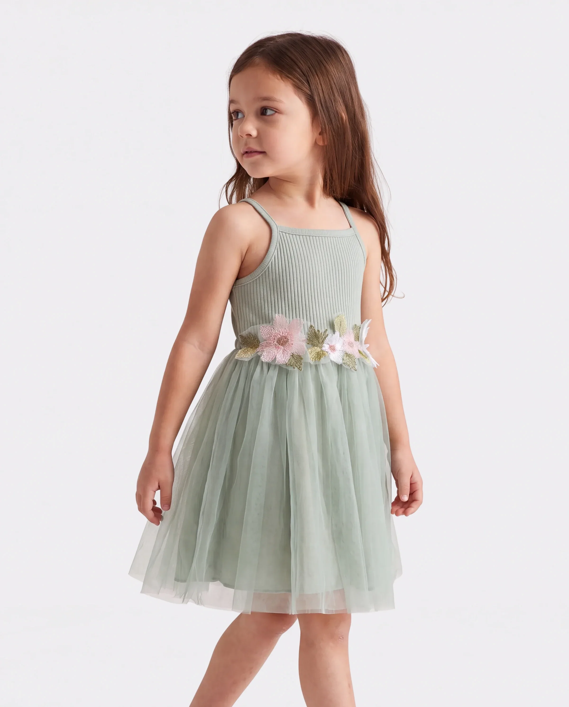 Toddler Girl Sweet Floral Decor Ribbed Panel Mesh Overlay Fairy Dress Green - Image 4