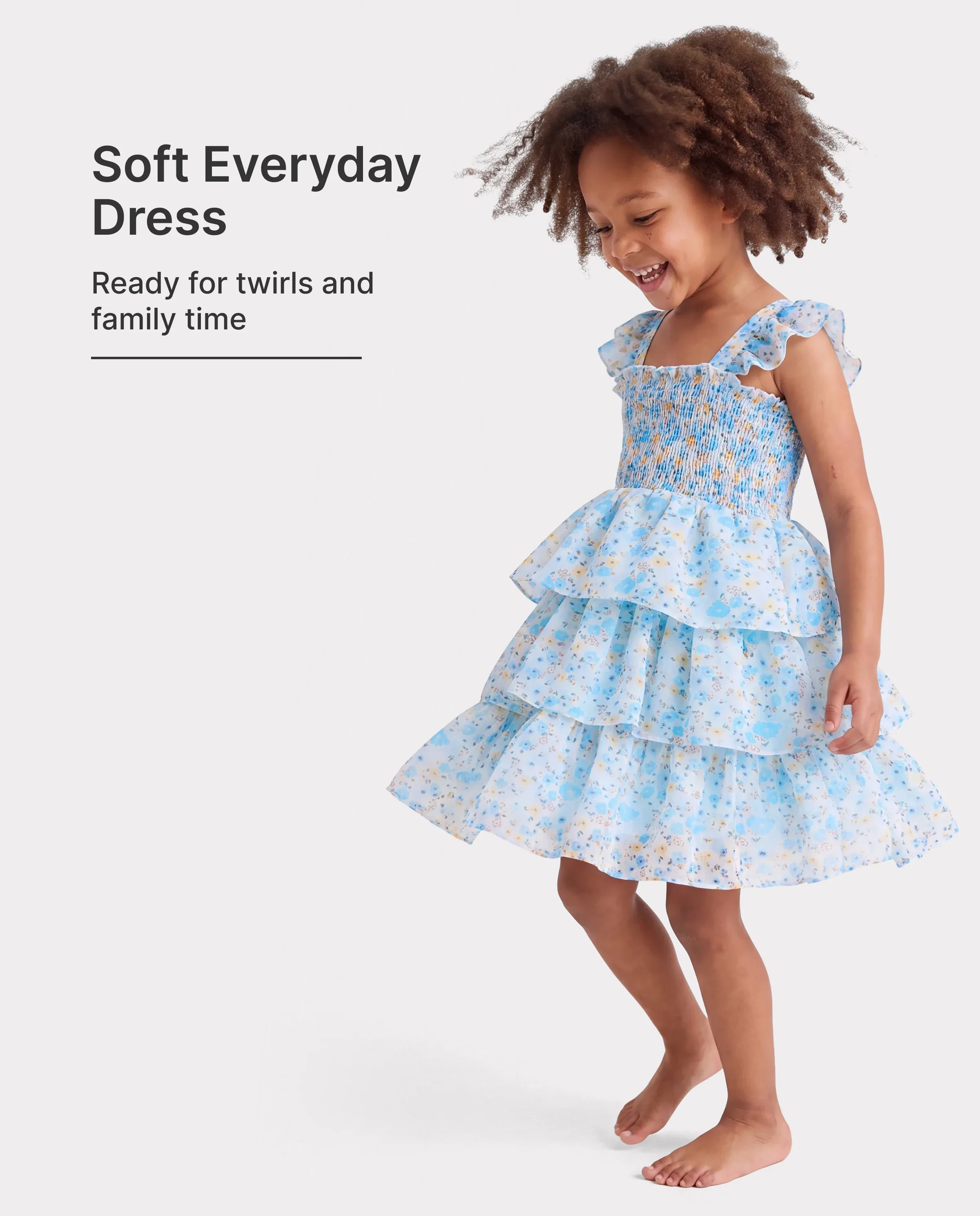 Toddler Girl Sweet Floral Print Smocked Ruffled Sleeveless Dress Blue - Image 2