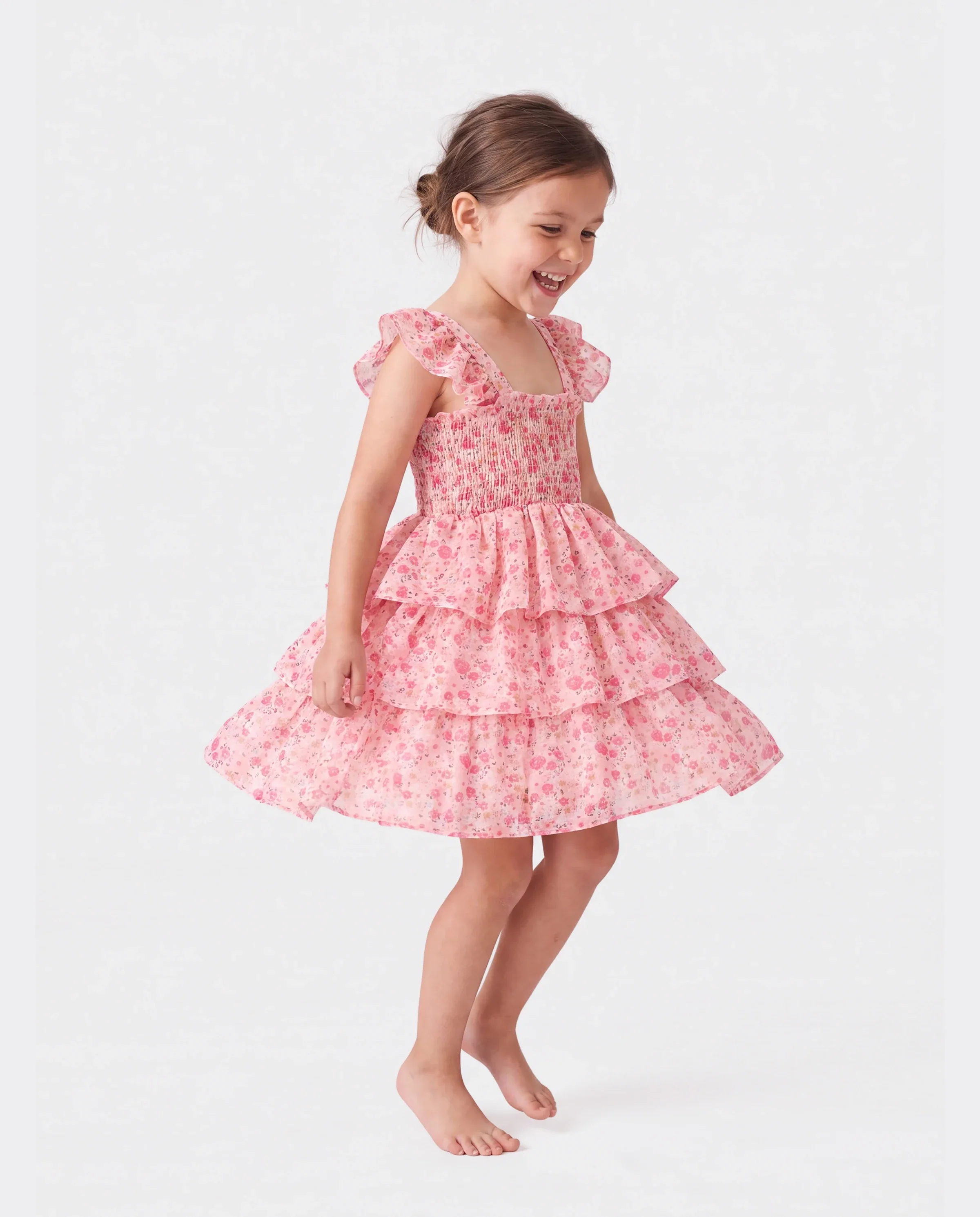 Toddler Girl Sweet Floral Print Smocked Ruffled Sleeveless Dress Pink