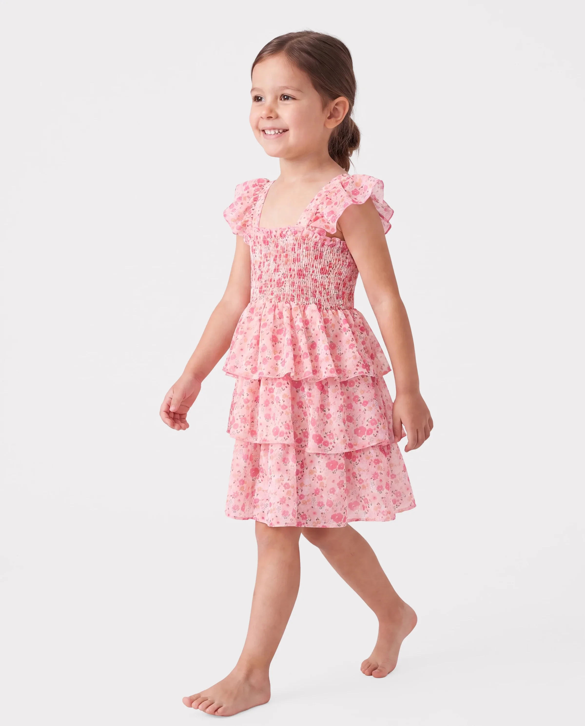 Toddler Girl Sweet Floral Print Smocked Ruffled Sleeveless Dress Pink - Image 3