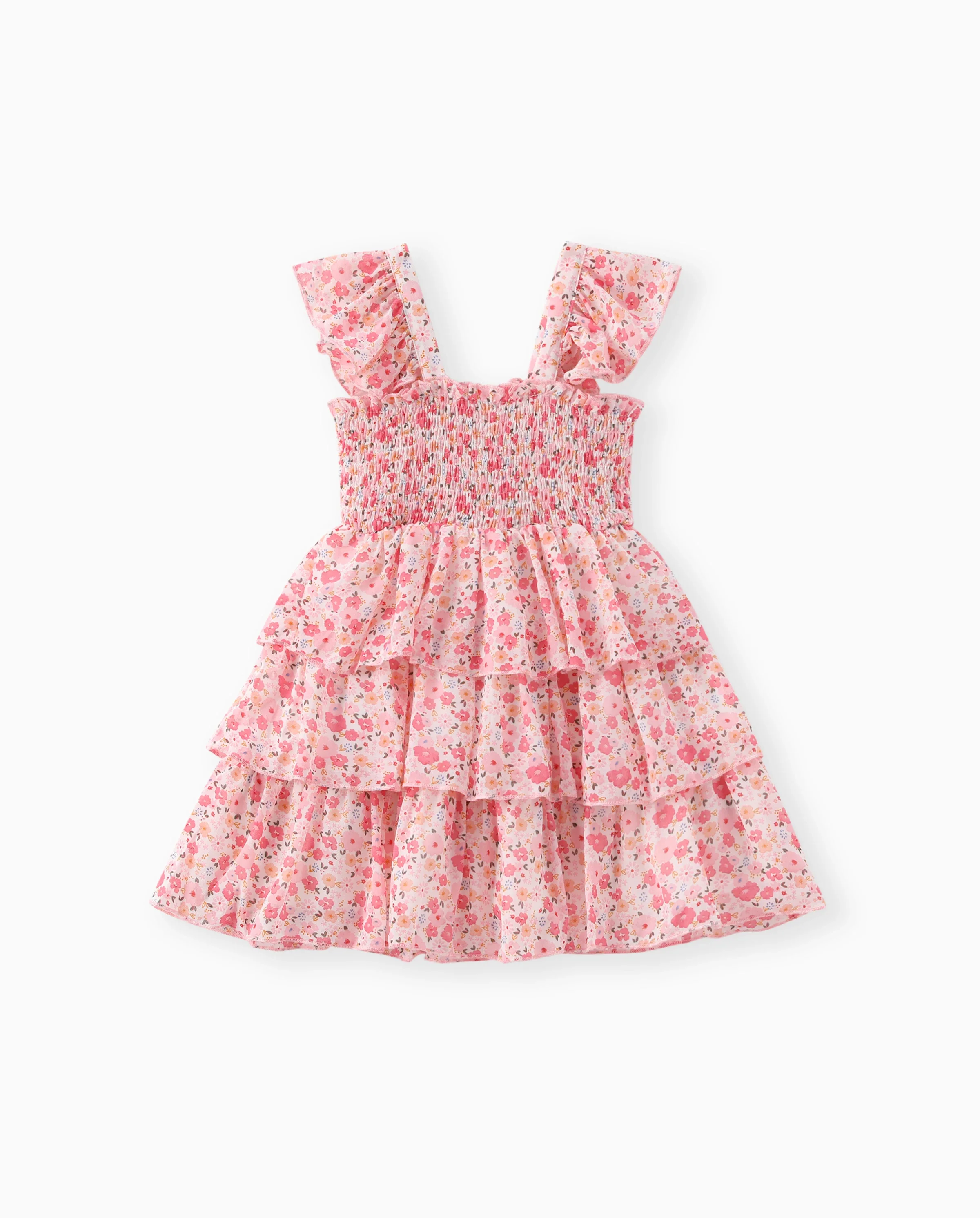 Toddler Girl Sweet Floral Print Smocked Ruffled Sleeveless Dress Pink - Image 5