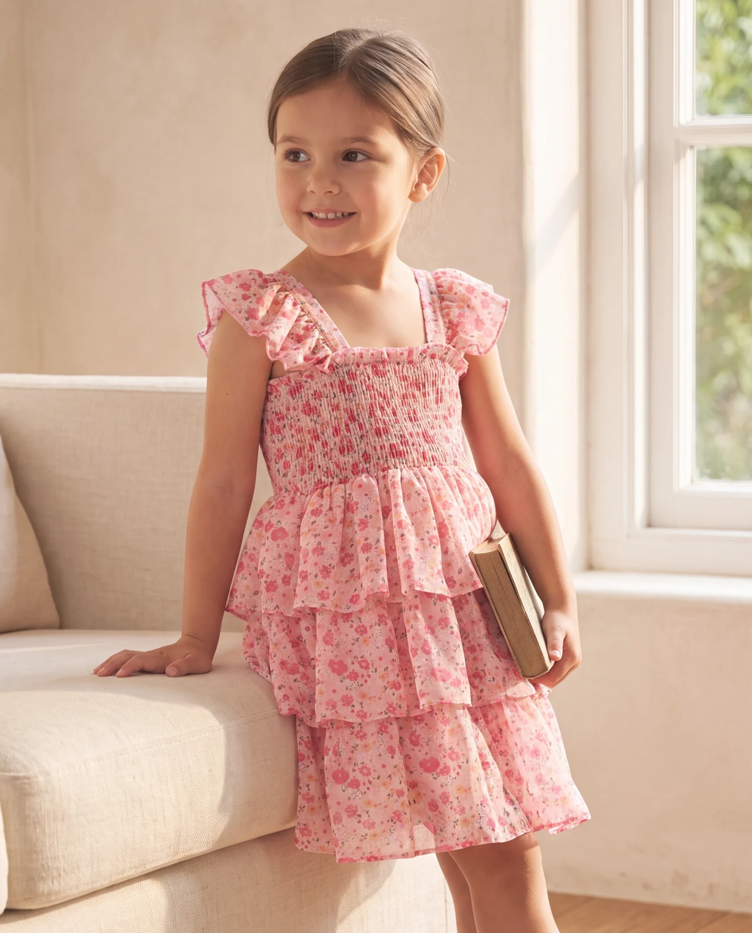 Toddler Girl Sweet Floral Print Smocked Ruffled Sleeveless Dress Pink - Image 6