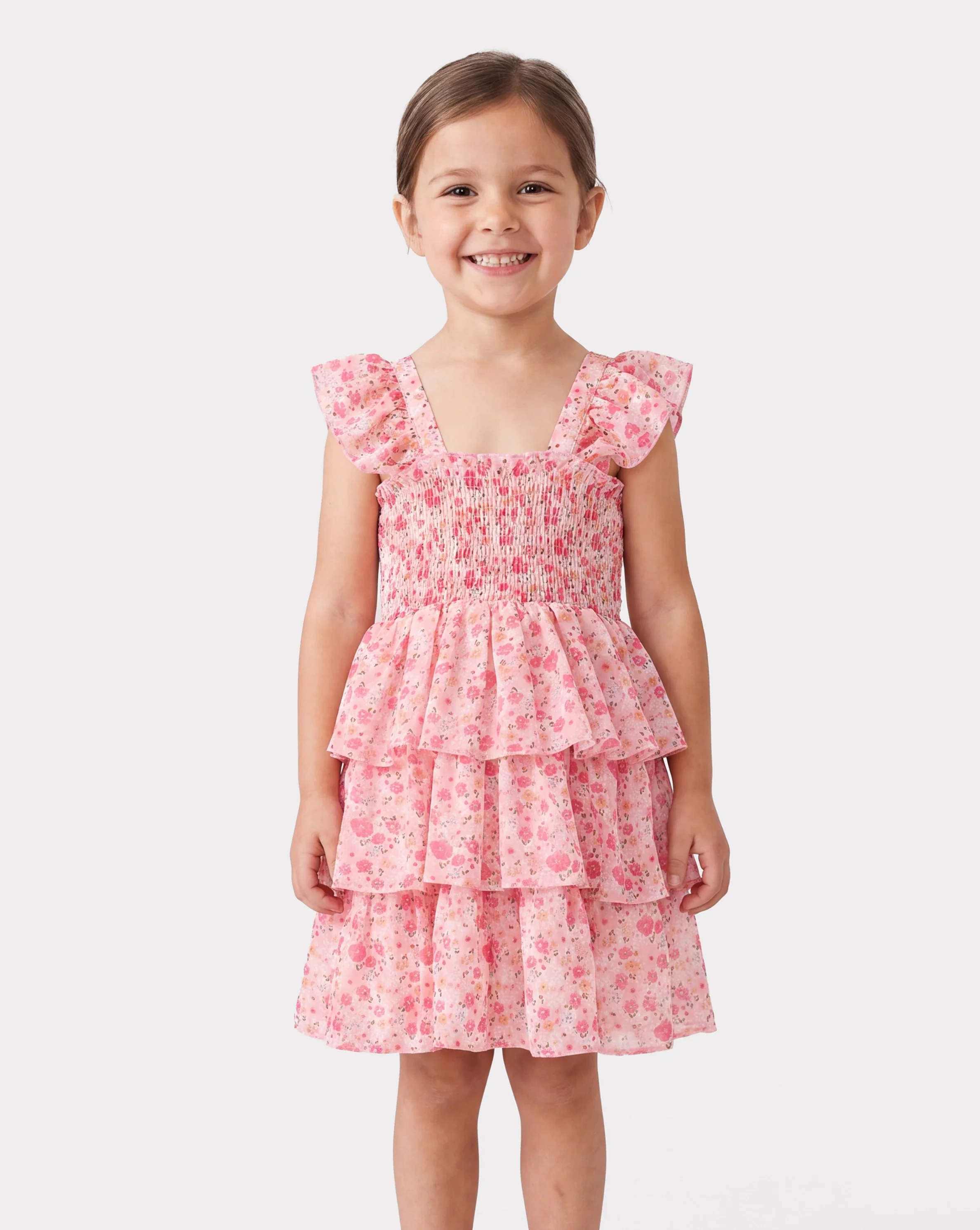 Toddler Girl Sweet Floral Print Smocked Ruffled Sleeveless Dress Pink - Image 7