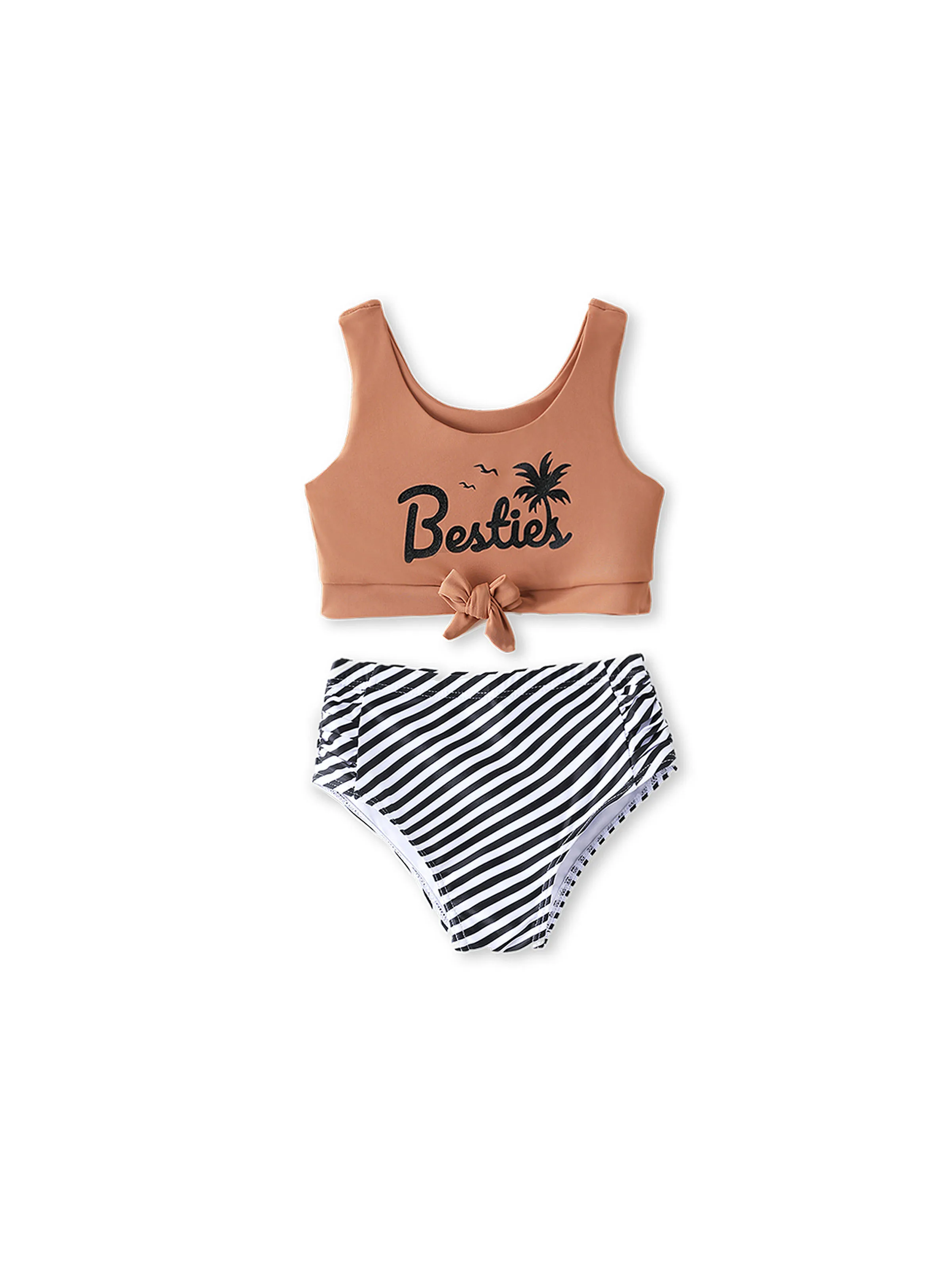 Toddler Girl Vertical Stripe Drawstring Besties Printed Crop Tank Bikini Khaki