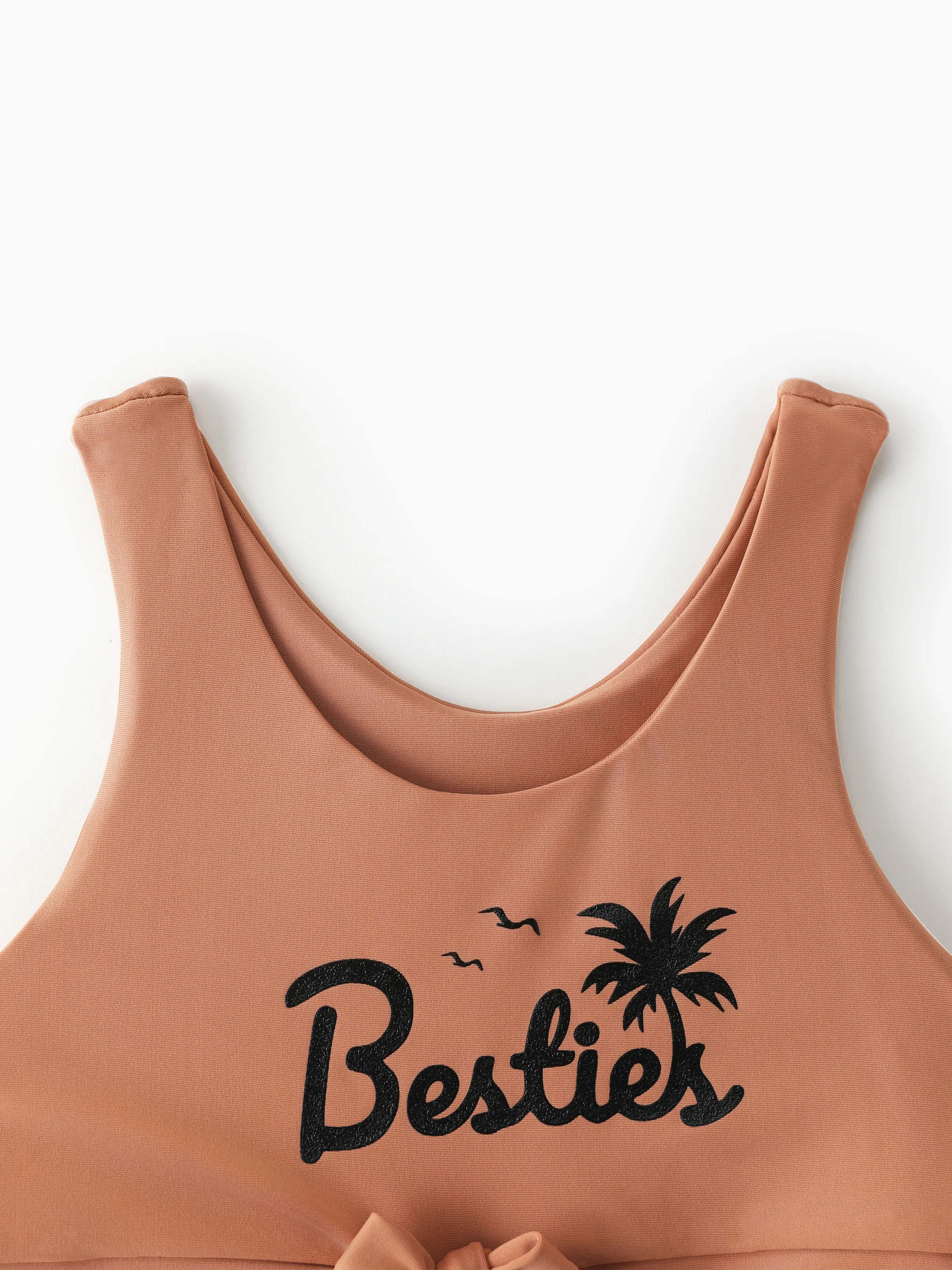 Toddler Girl Vertical Stripe Drawstring Besties Printed Crop Tank Bikini Khaki - Image 4