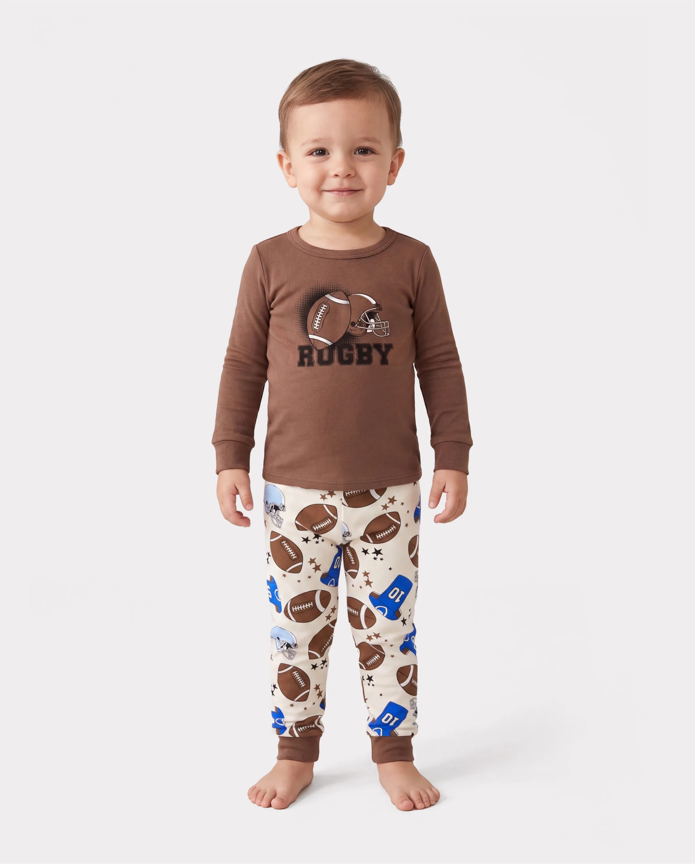 Toddler / Kids 4-piece Organic Cotton Pajamas 4-in 1 PJ Snug fit Pjs for Girls / Boys Brown