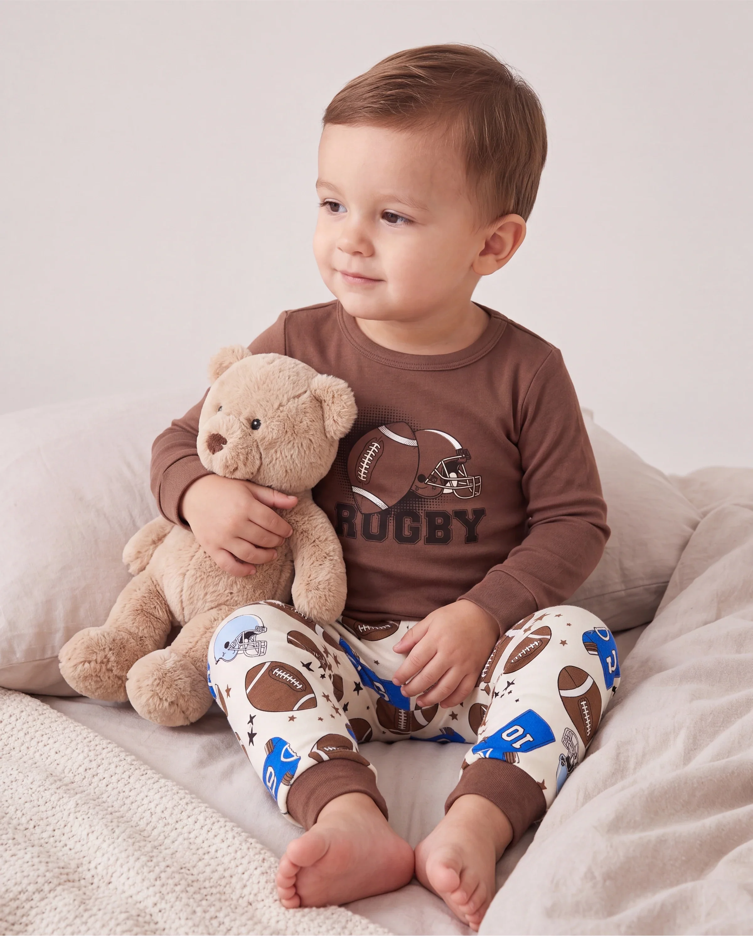 Toddler / Kids 4-piece Organic Cotton Pajamas 4-in 1 PJ Snug fit Pjs for Girls / Boys Brown - Image 2