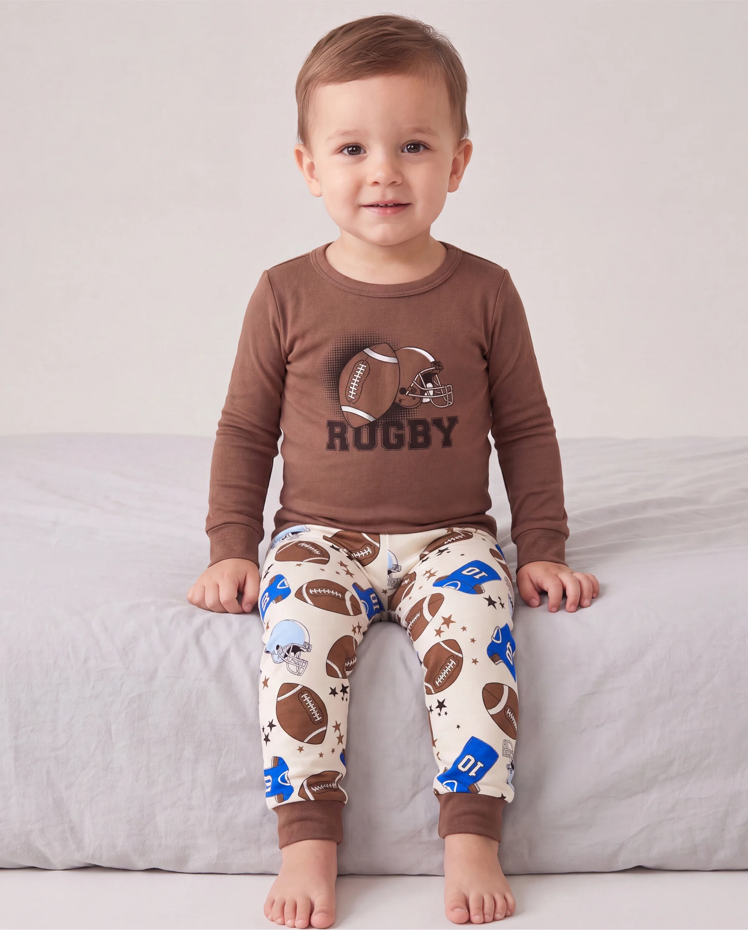 Toddler / Kids 4-piece Organic Cotton Pajamas 4-in 1 PJ Snug fit Pjs for Girls / Boys Brown - Image 3