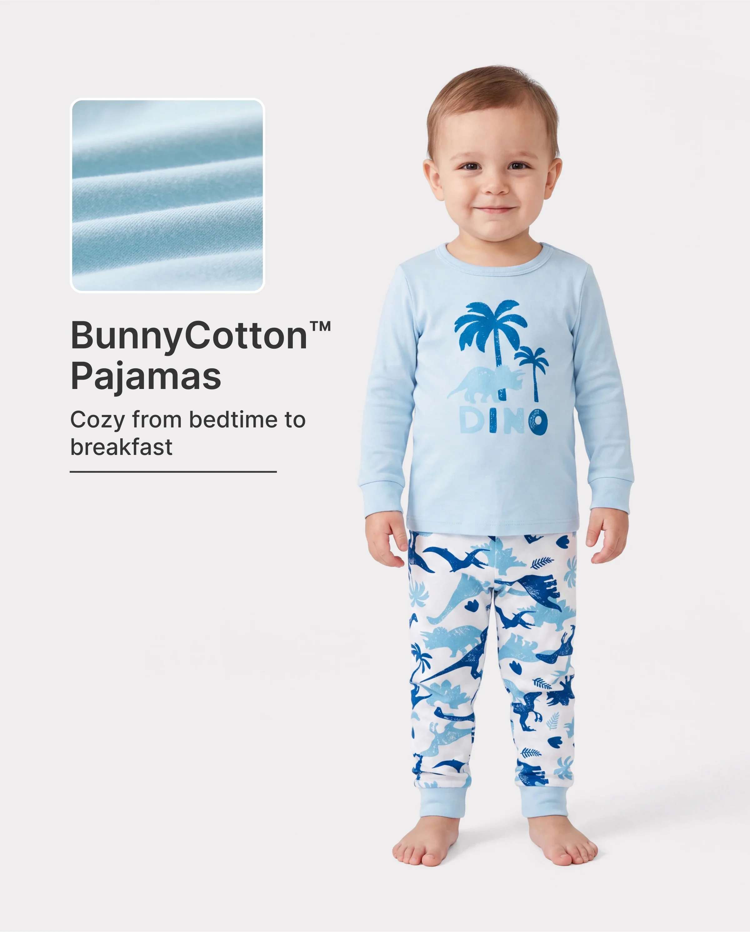 Toddler / Kids 4-piece Organic Cotton Pajamas 4-in 1 PJ Snug fit Pjs for Girls / Boys Light Blue