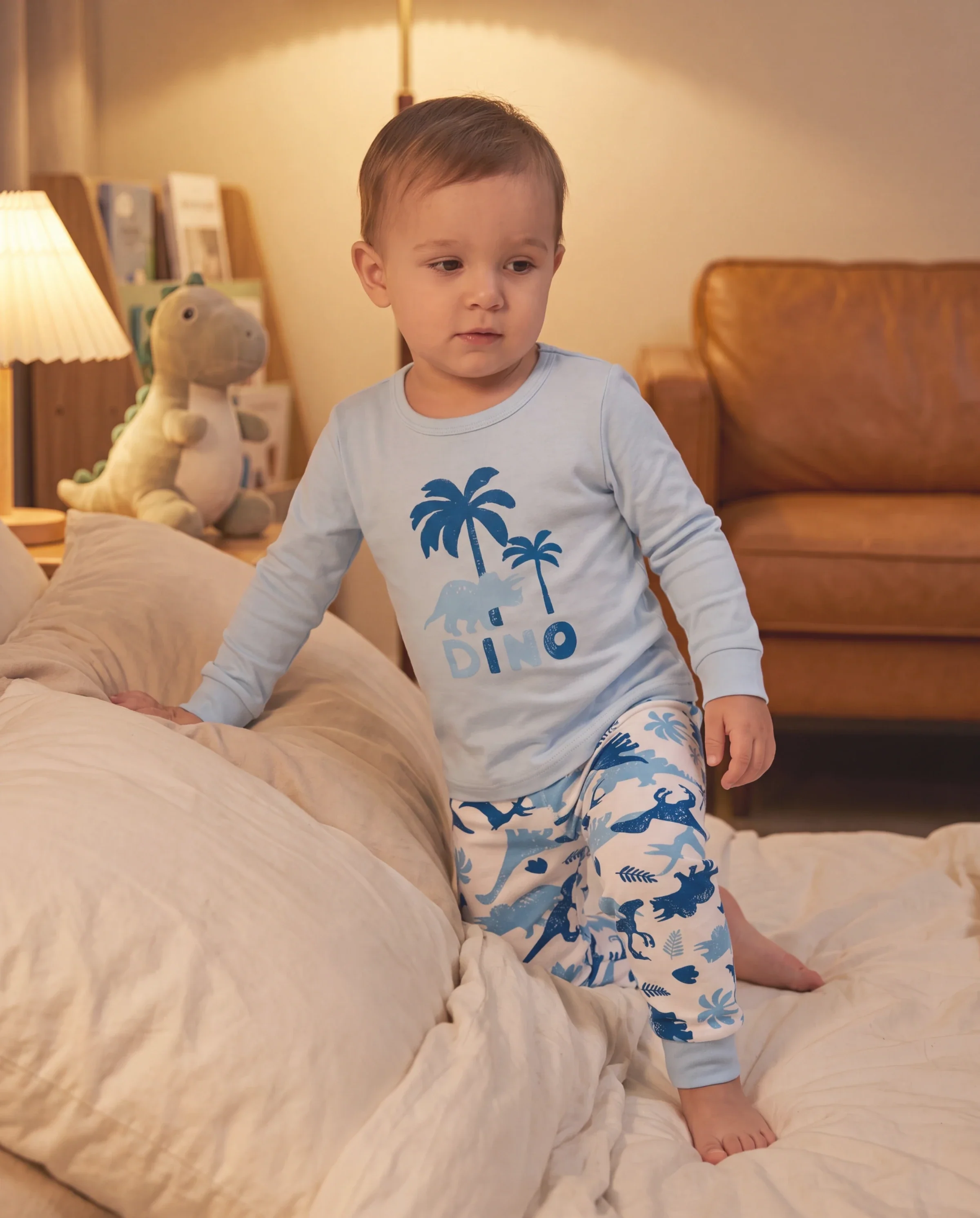 Toddler / Kids 4-piece Organic Cotton Pajamas 4-in 1 PJ Snug fit Pjs for Girls / Boys Light Blue - Image 7