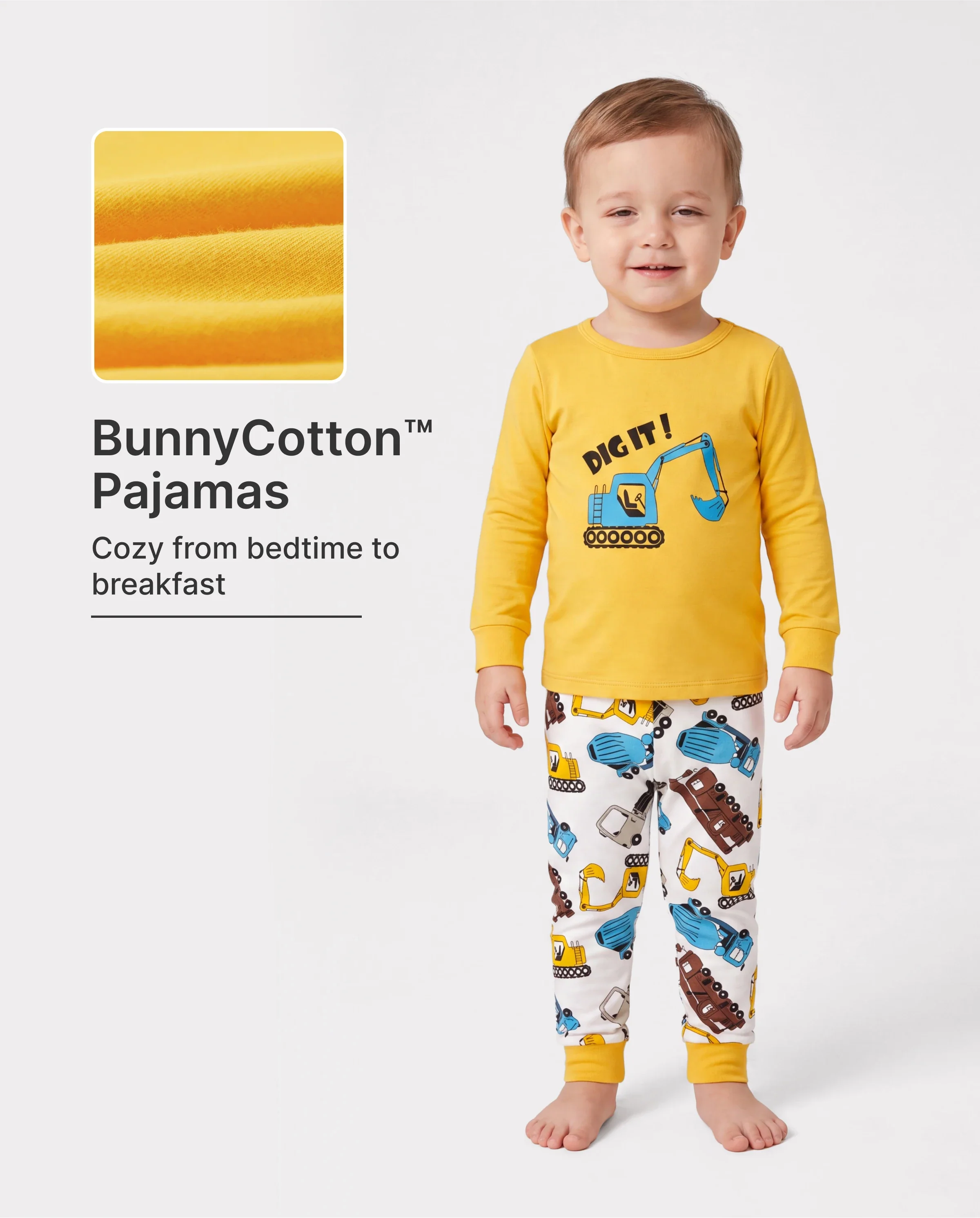 Toddler / Kids 4-piece Organic Cotton Pajamas 4-in 1 PJ Snug fit Pjs for Girls / Boys Yellow