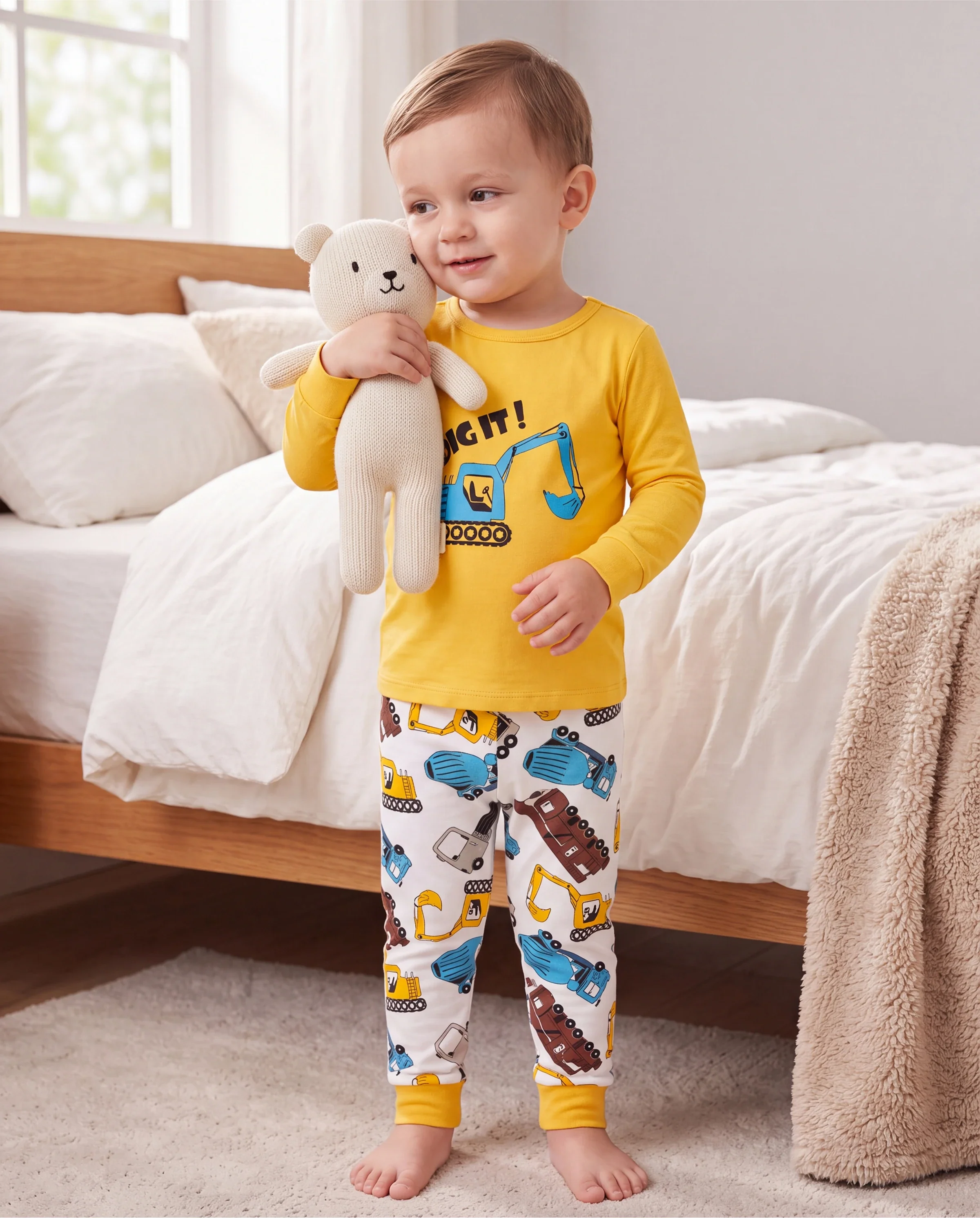 Toddler / Kids 4-piece Organic Cotton Pajamas 4-in 1 PJ Snug fit Pjs for Girls / Boys Yellow - Image 2