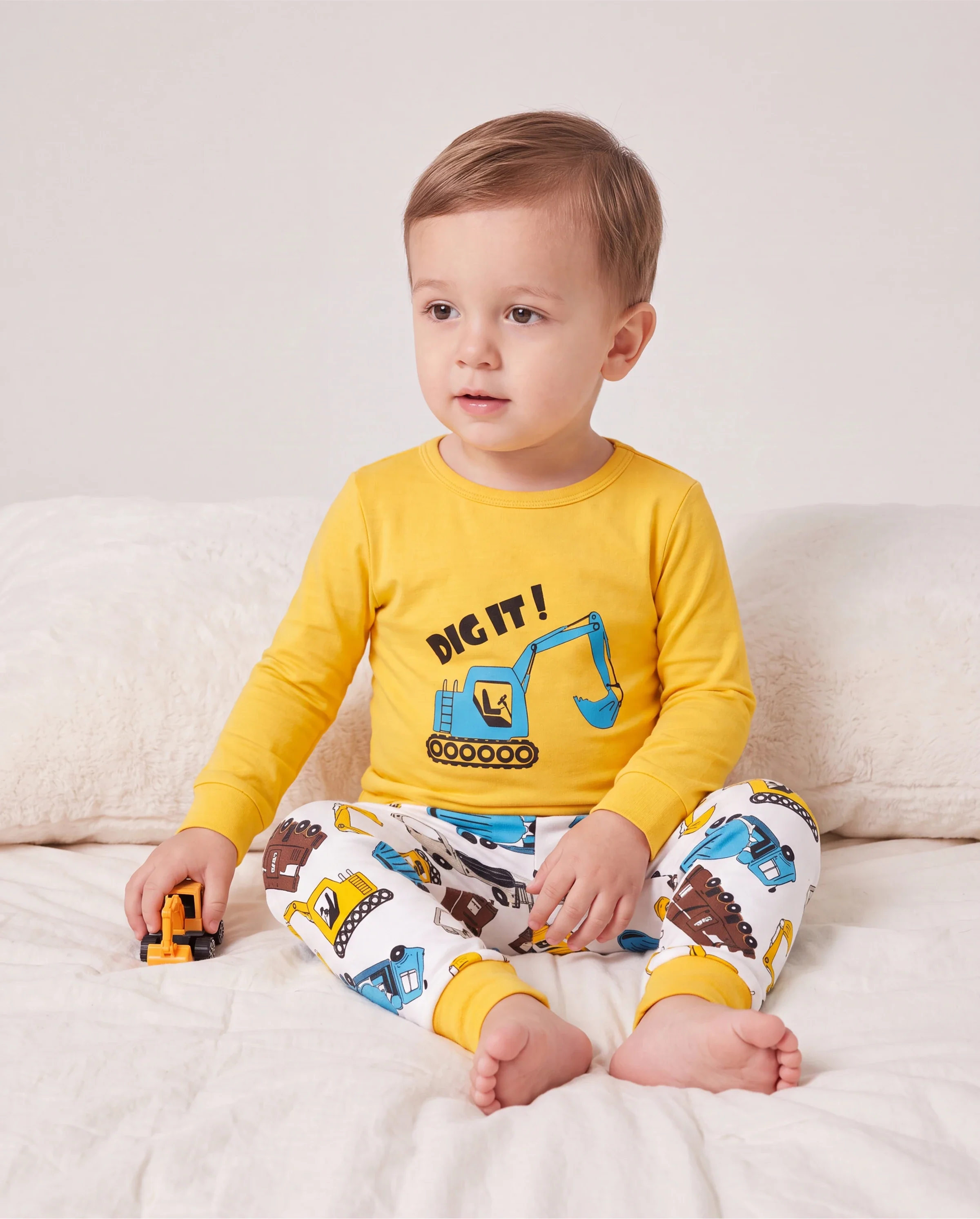 Toddler / Kids 4-piece Organic Cotton Pajamas 4-in 1 PJ Snug fit Pjs for Girls / Boys Yellow - Image 3