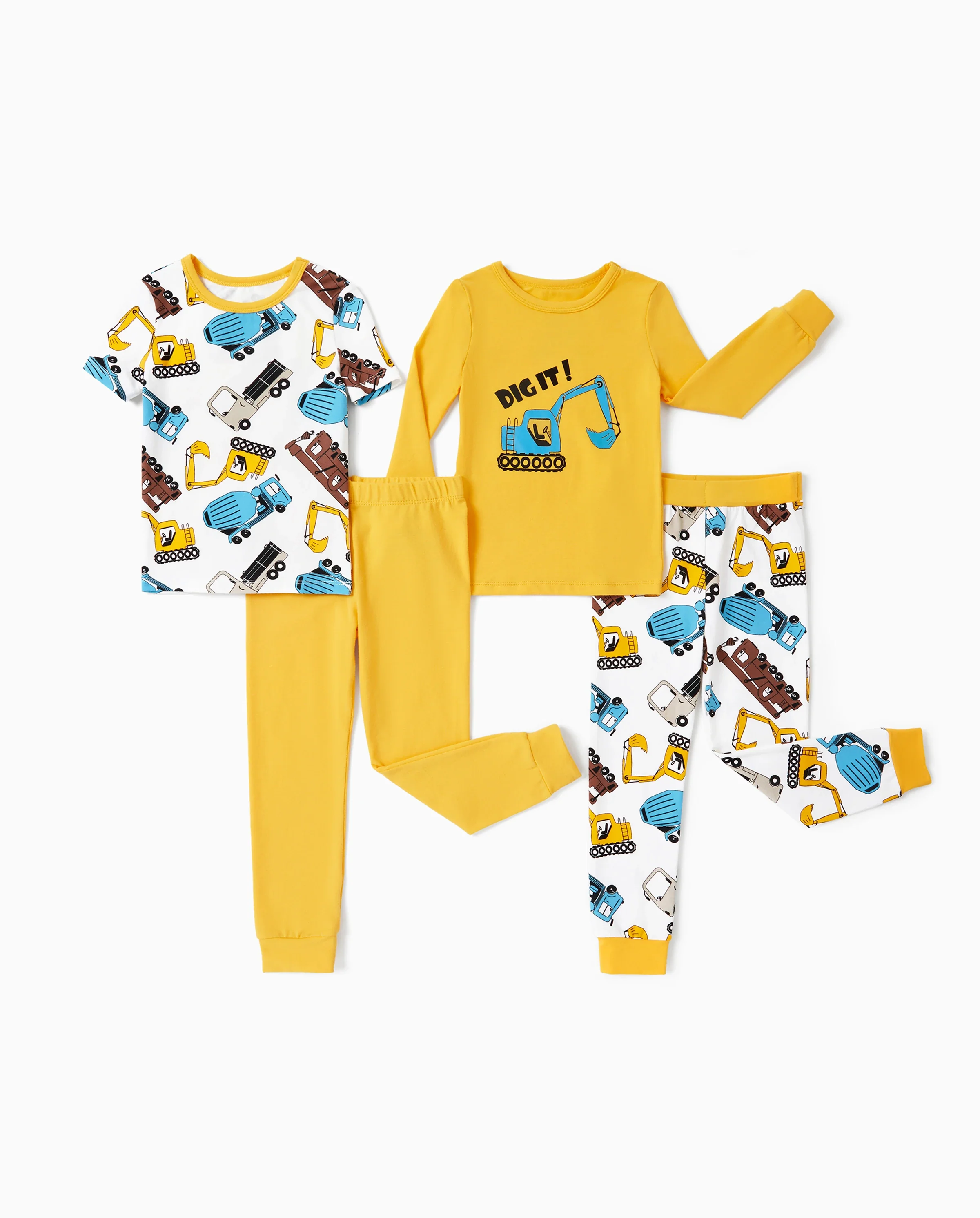 Toddler / Kids 4-piece Organic Cotton Pajamas 4-in 1 PJ Snug fit Pjs for Girls / Boys Yellow - Image 6