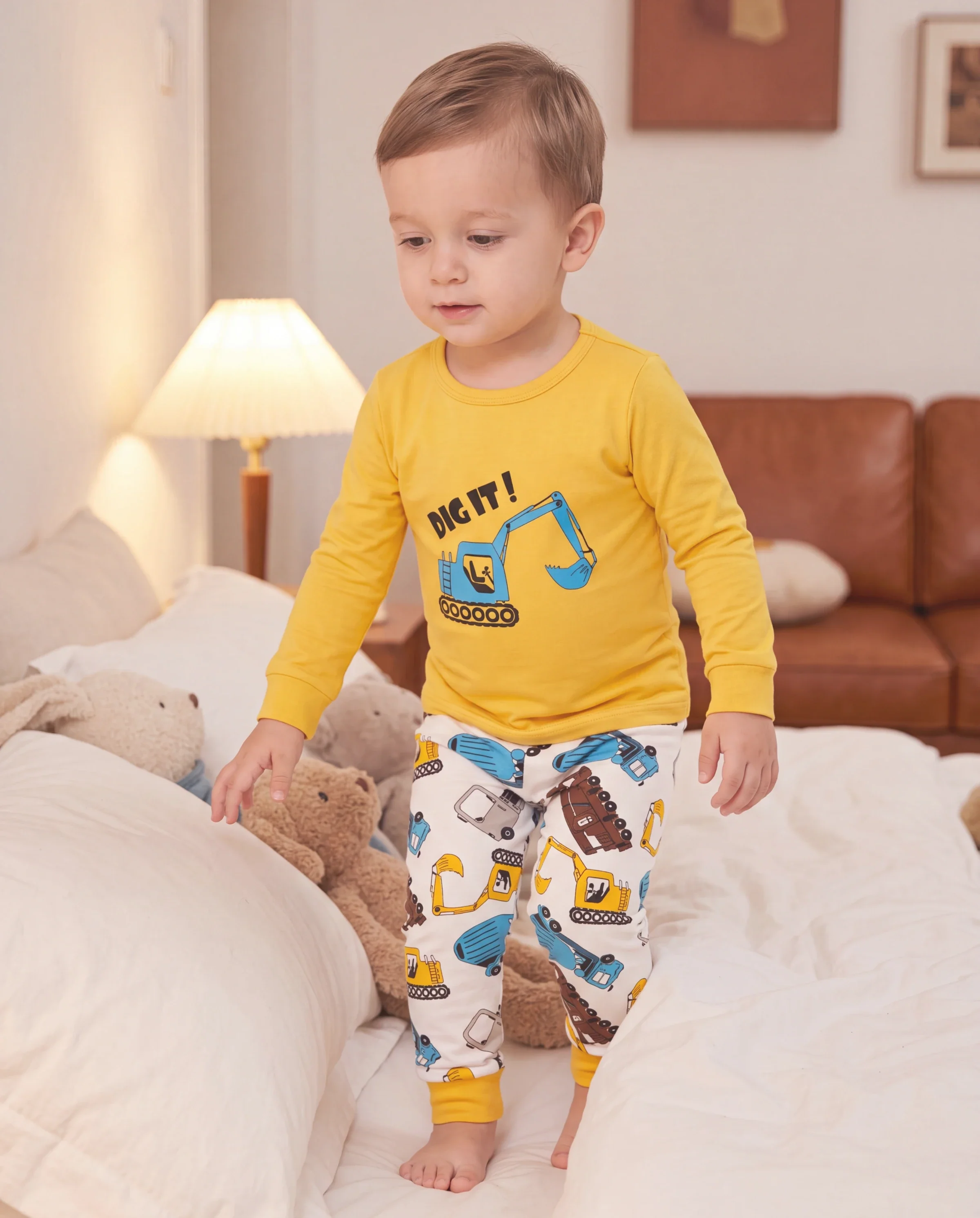 Toddler / Kids 4-piece Organic Cotton Pajamas 4-in 1 PJ Snug fit Pjs for Girls / Boys Yellow - Image 7