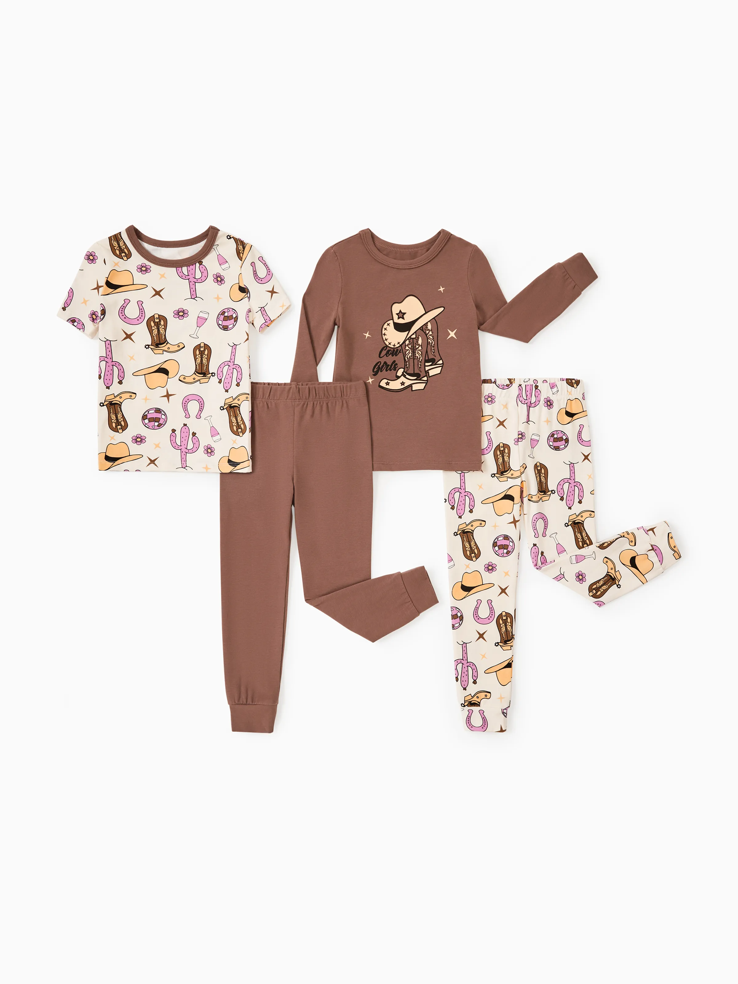 Toddler / Kids 4-piece Organic Cotton Pajamas 4-in 1 Snug fit PaJama Set for Girls Brown