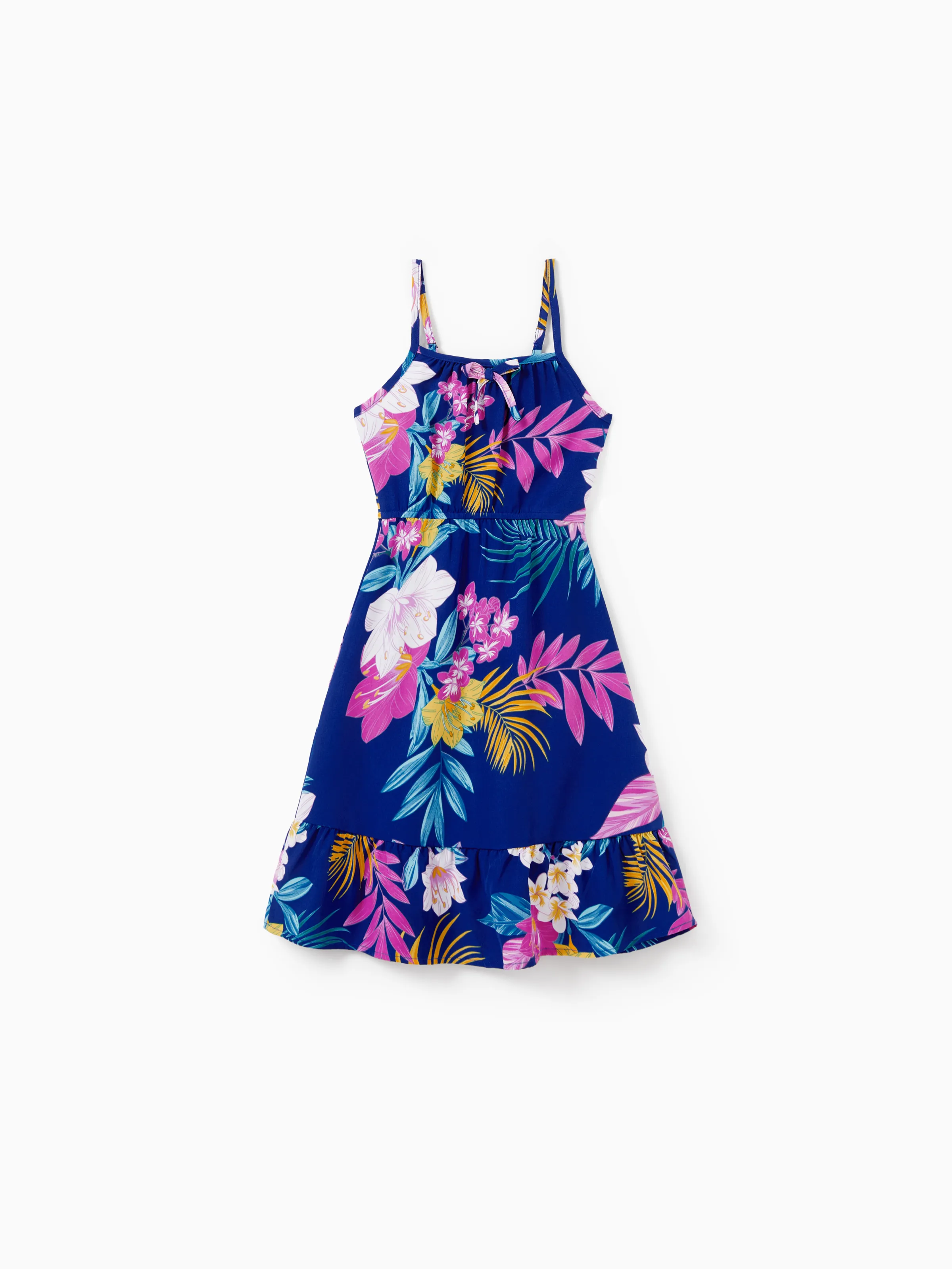 Toddler/Kid Girl Hawaiian Outfits Tropical Floral Print Strap Dress for Vacation Deep Blue - Image 2