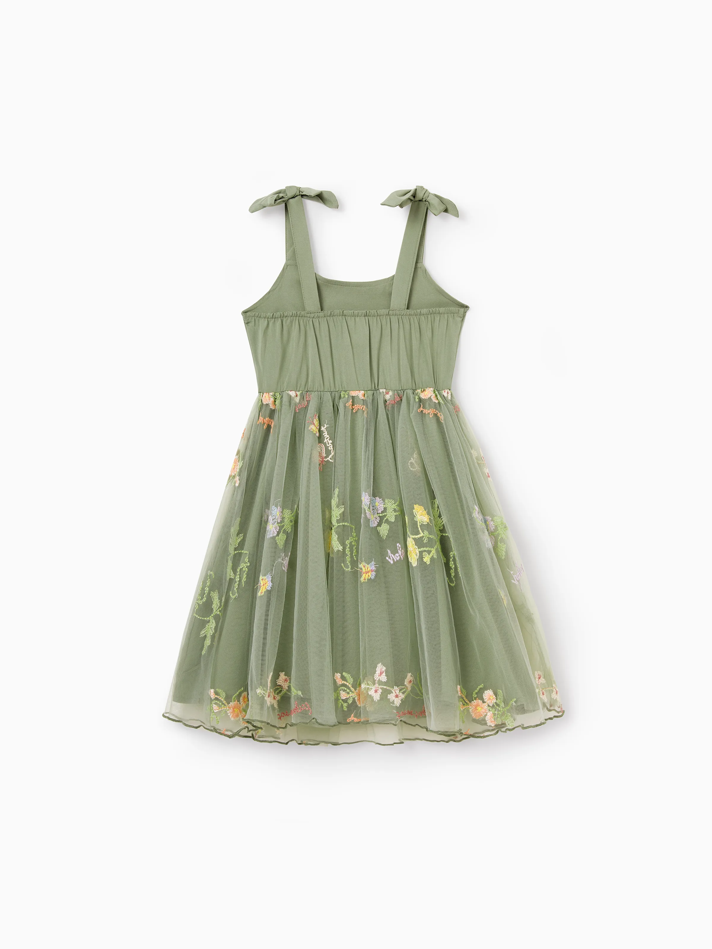 Toddler/Kid Girl Flower Embroidered V-neck Strappy Mesh Dress Green - Image 5