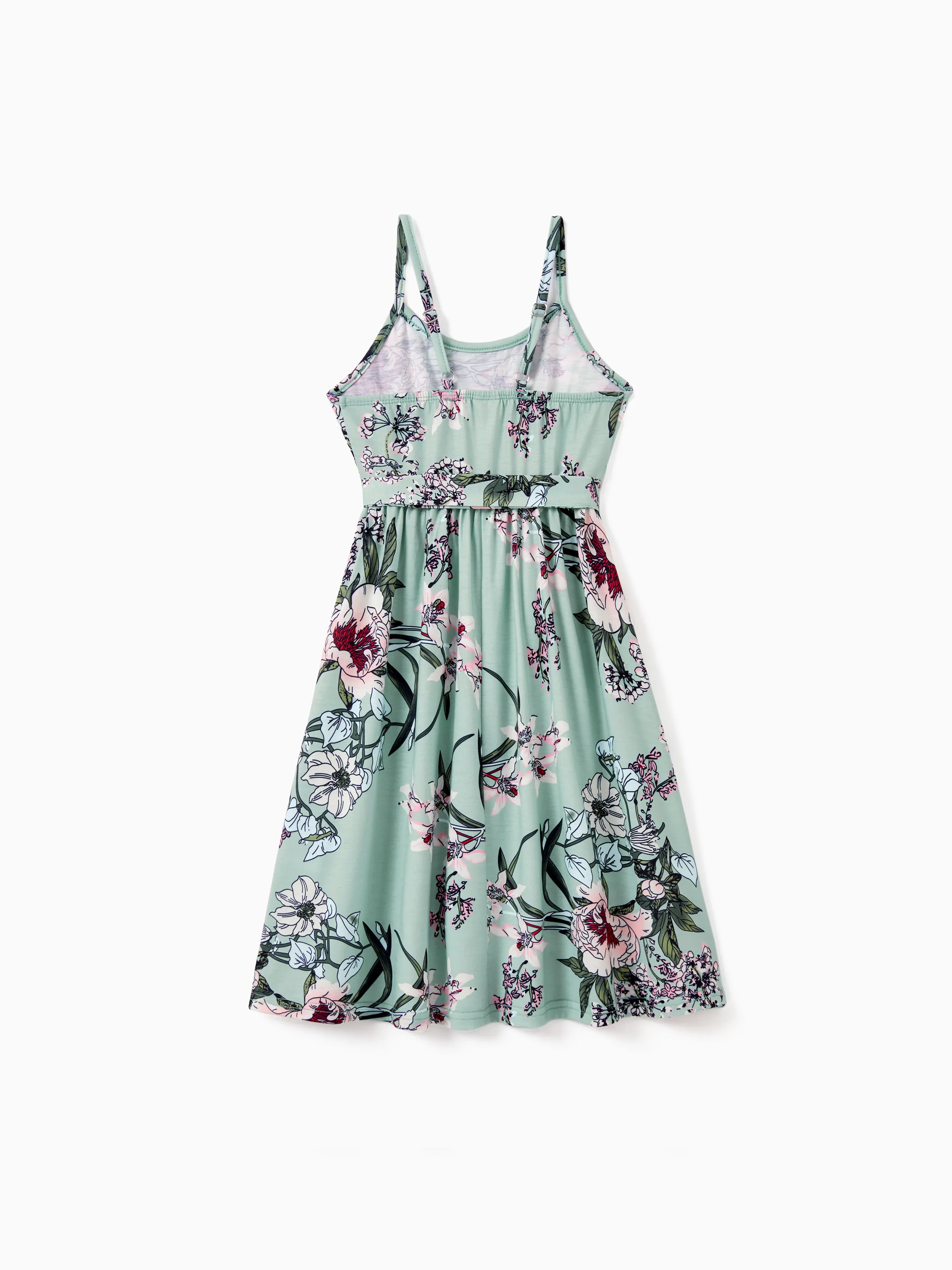 Toddler/Kid Girl Sets Flora Print Strap Belted Dress Light Green - Image 3