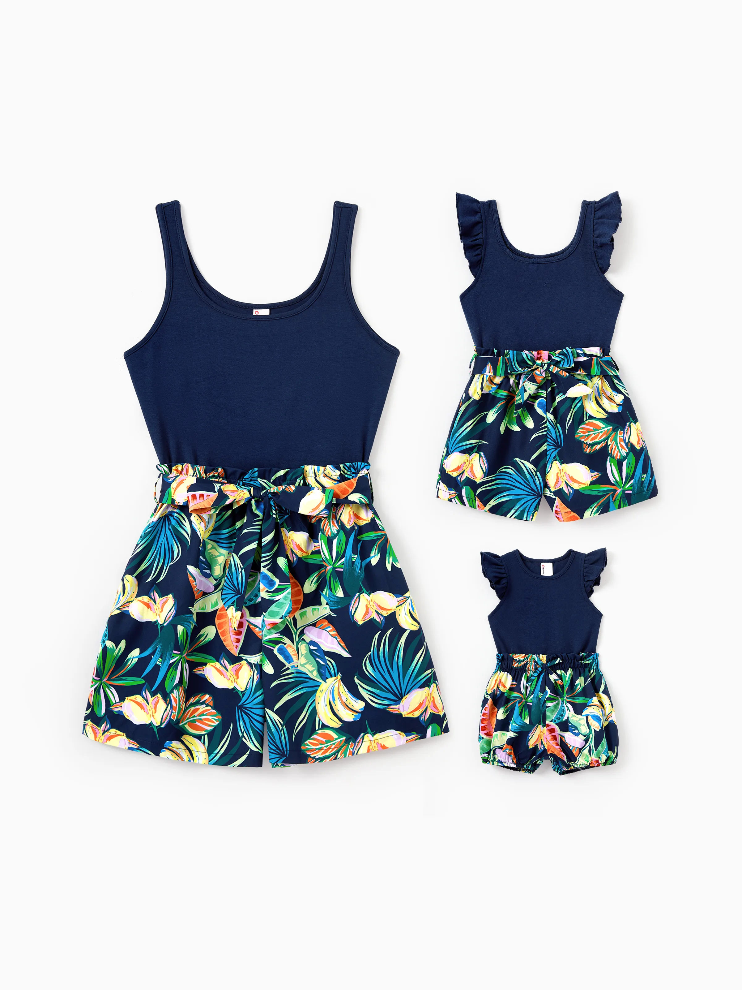 Toddler/Kid Girl Tropical Leaves Print Sleeveless Rompers with Belted Shorts Deep Blue - Image 2