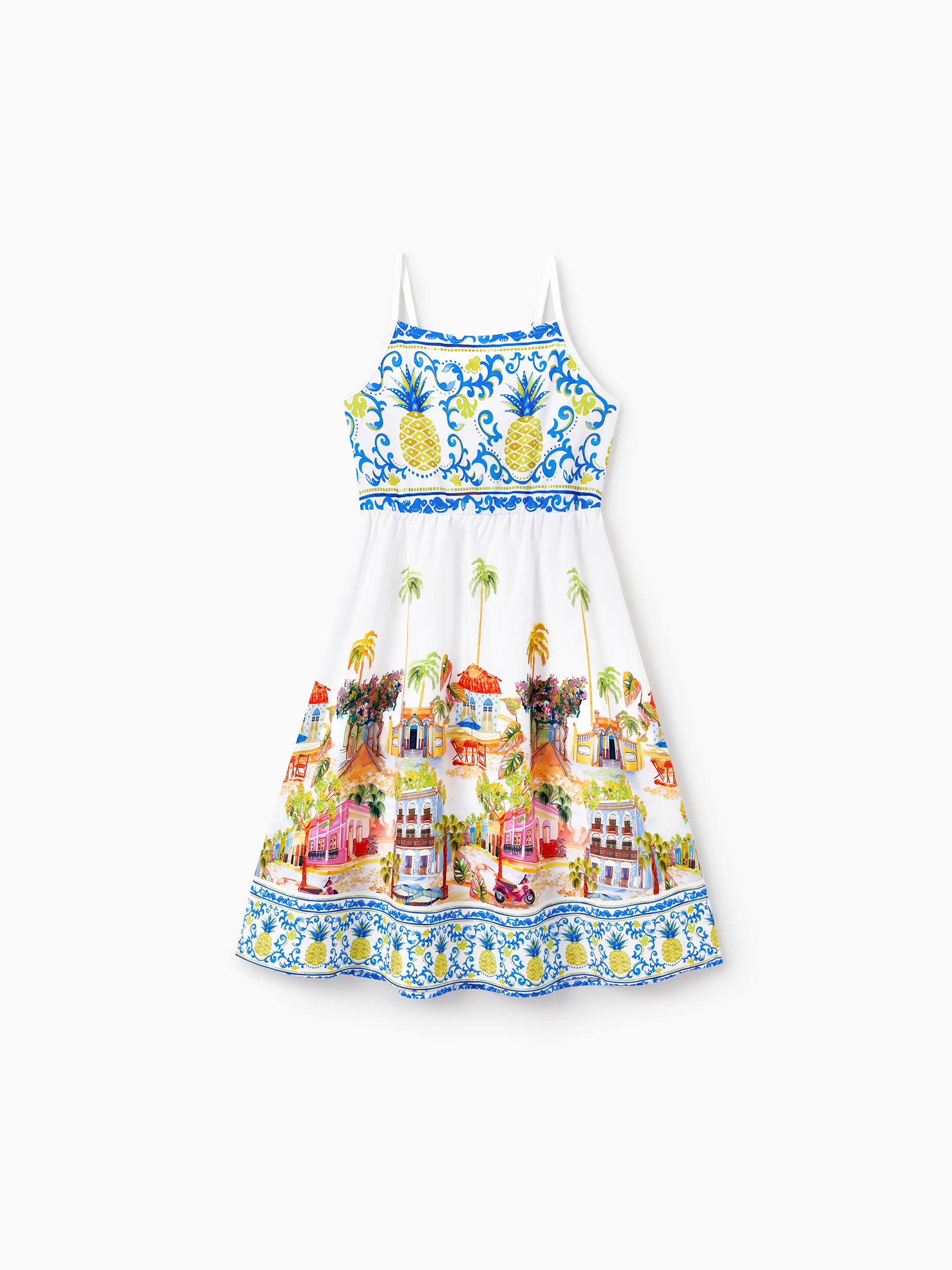 Toddler/Kid Girl Vacation Tropical Pineapple Coconut Tree Print Hollow out Strap Dress for Summer Vacation White - Image 2