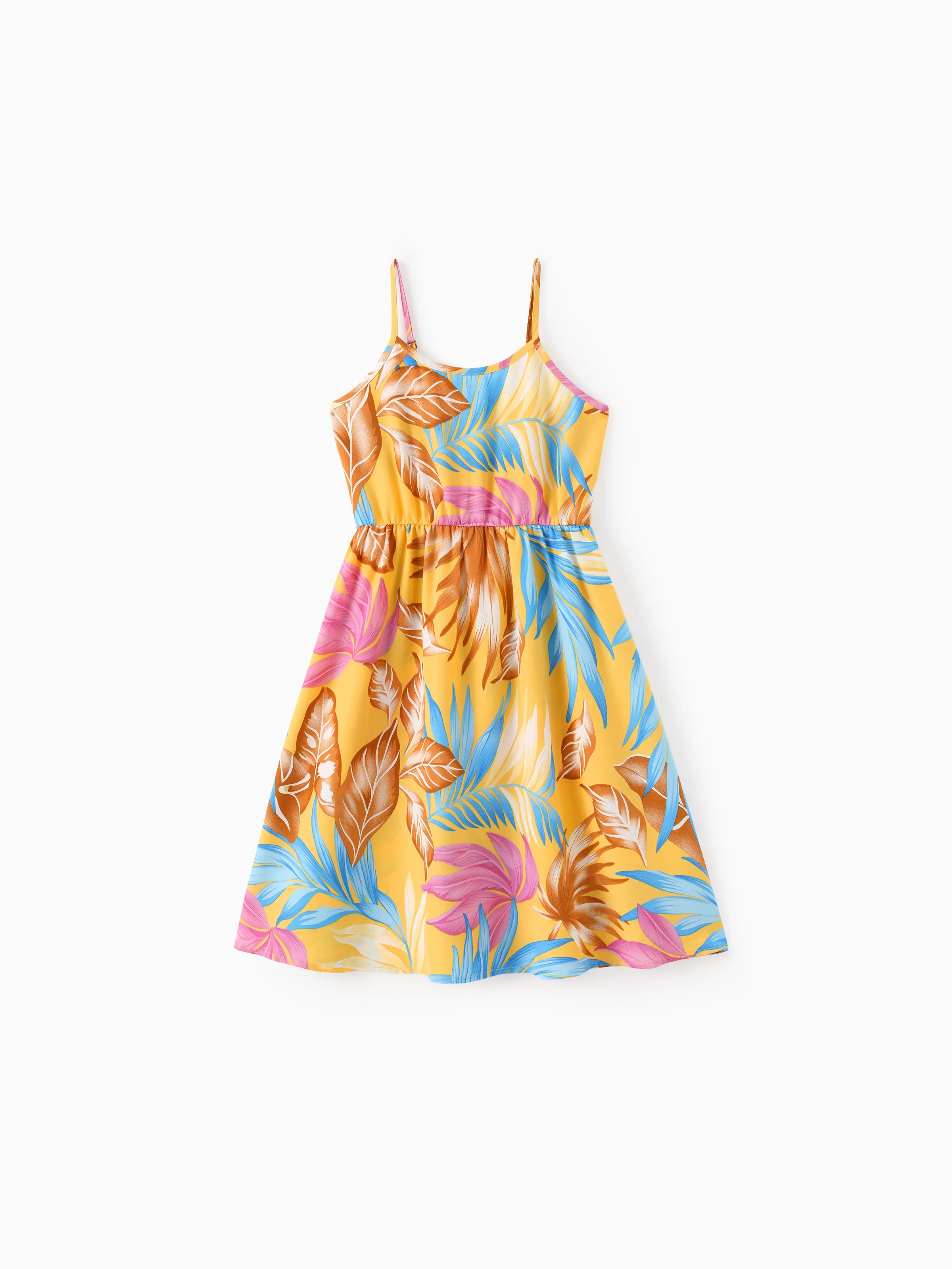 Toddler/Kid Girl Yellow Set Tropical Leaf Print Strap Dress Yellow